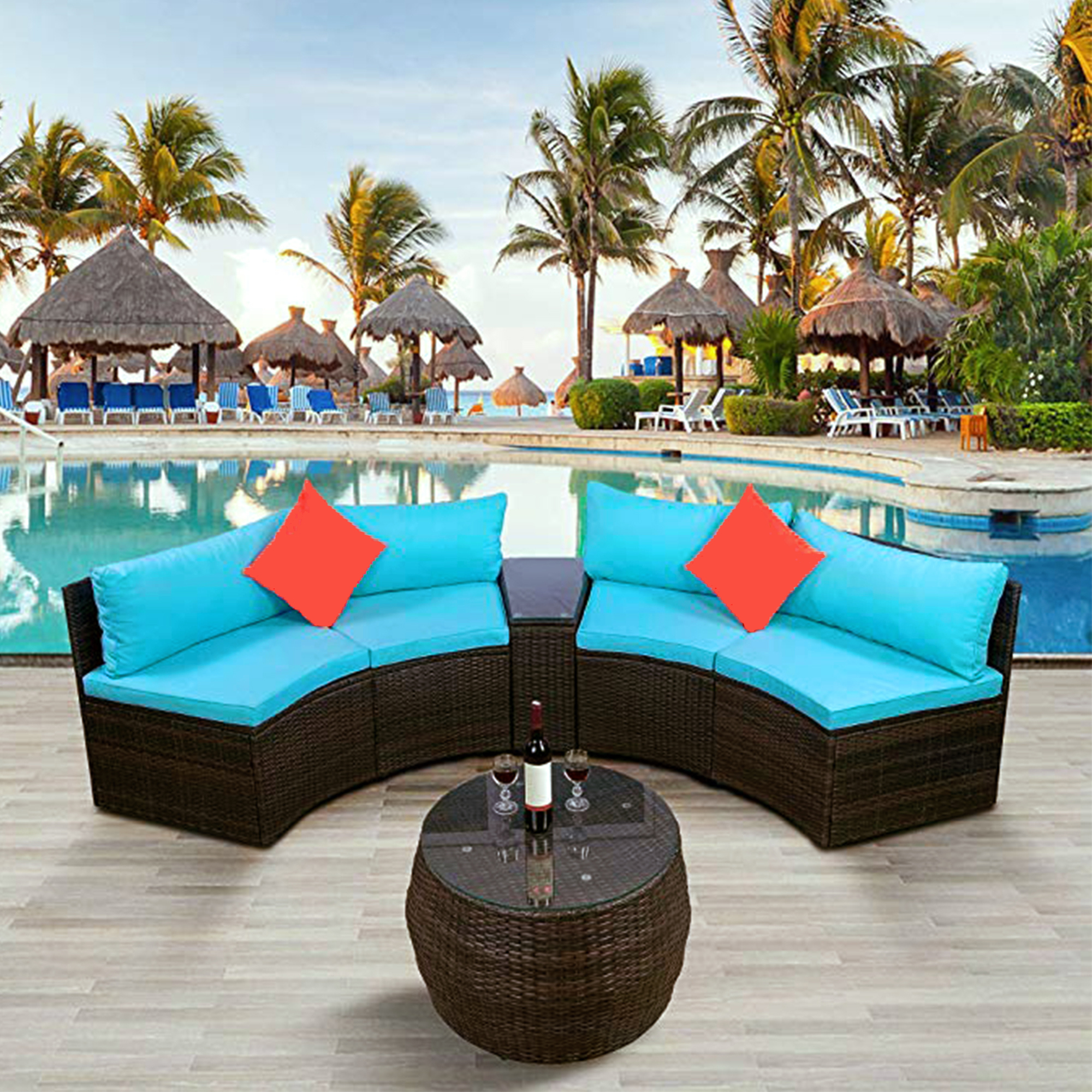 Mondawe 4 Pcs Patio Furniture Sets Outdoor Half-Moon Sectional Furniture Wicker Sofa Set with Two Pillows and Coffee Table Blue Cushions+Brown Wicker-Mondawe