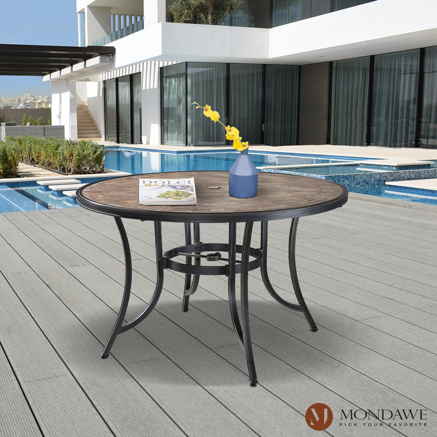 Mondawe Aluminum Patio Round Outdoor Dining Table Ceramic Tile Top Accent Table with Umbrella Hole-Mondawe