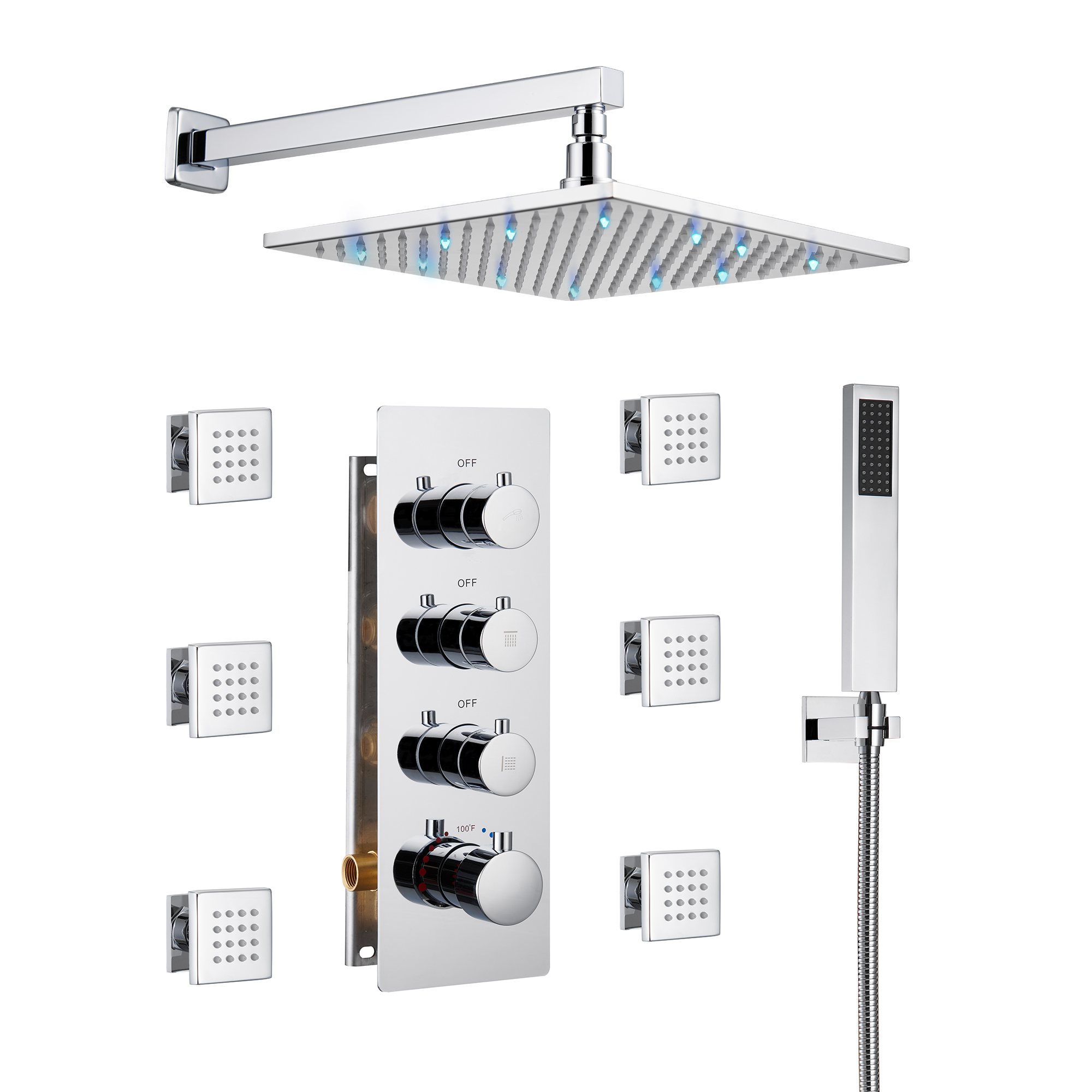 CH-Mondawe Luxury Wall Mount Rain Shower Head with 6 Shower Jet and LED 3-Spray Patterns Thermostatic 12 in. -Mondawe