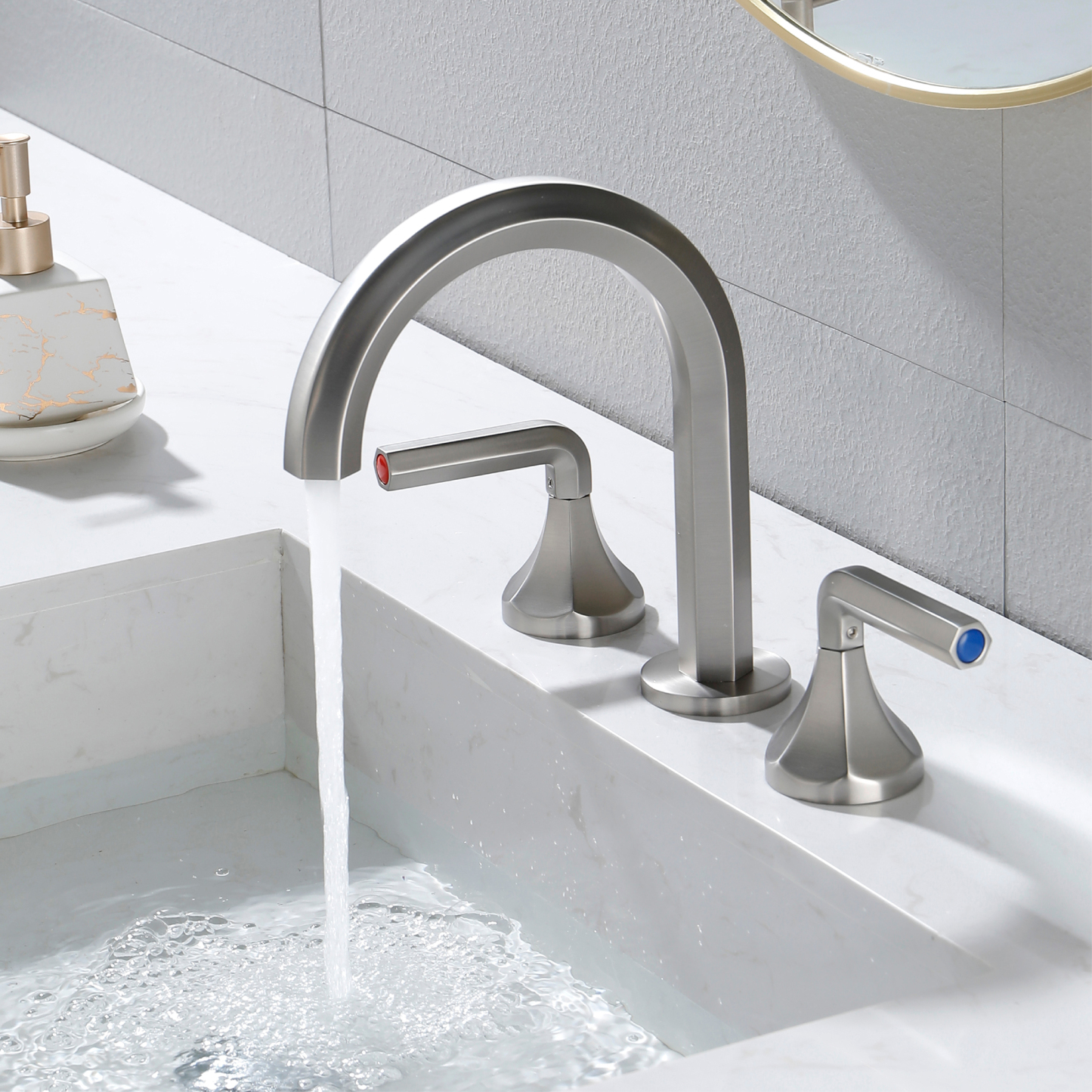 Hexagon 8 In Widespread Double-Handle Brass 3-Hole Widespread Bathroom Sink Faucet Bath Faucets-Mondawe