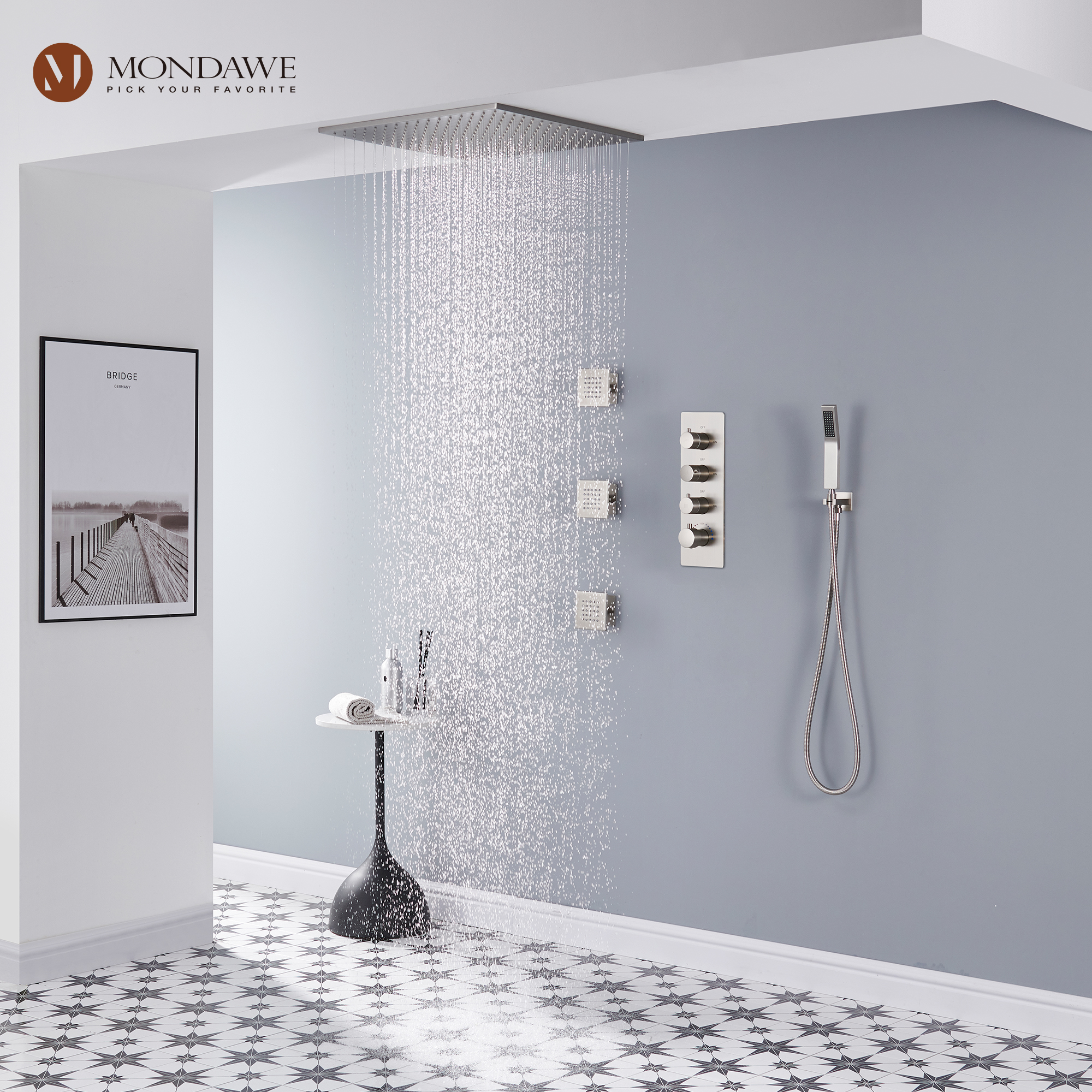 20 Inch Ceiling Mounted Rain Shower Head System Luxury 3-Spray Patterns Thermostatic Shower Faucets Sets Complete with 3-Function Shower Head and Solid Brass Handshower-Mondawe