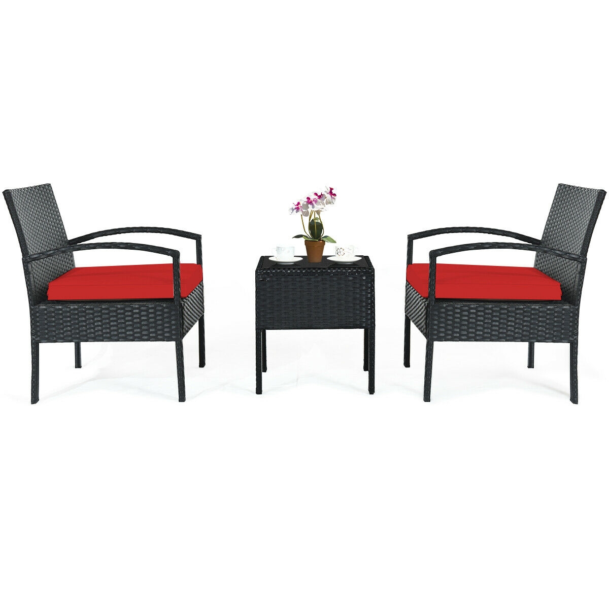 Mondawe 3 Pieces Outdoor Rattan Patio Conversation Set with Seat Cushions-Red-Mondawe