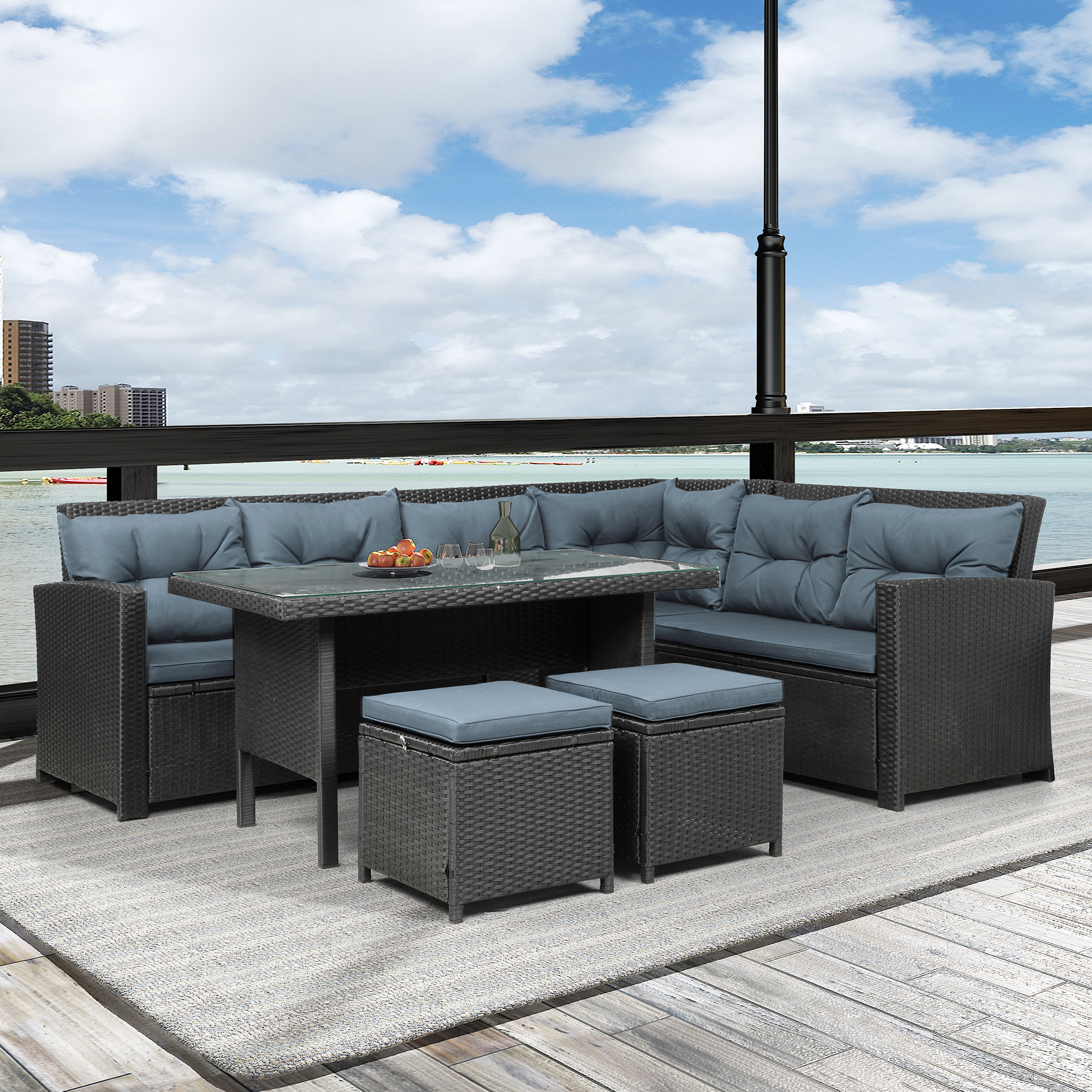 Mondawe 6 PCS Patio Furniture Set Outdoor Sectional Sofa Glass Table Ottomans for Pool Backyard Lawn (Black)-Mondawe