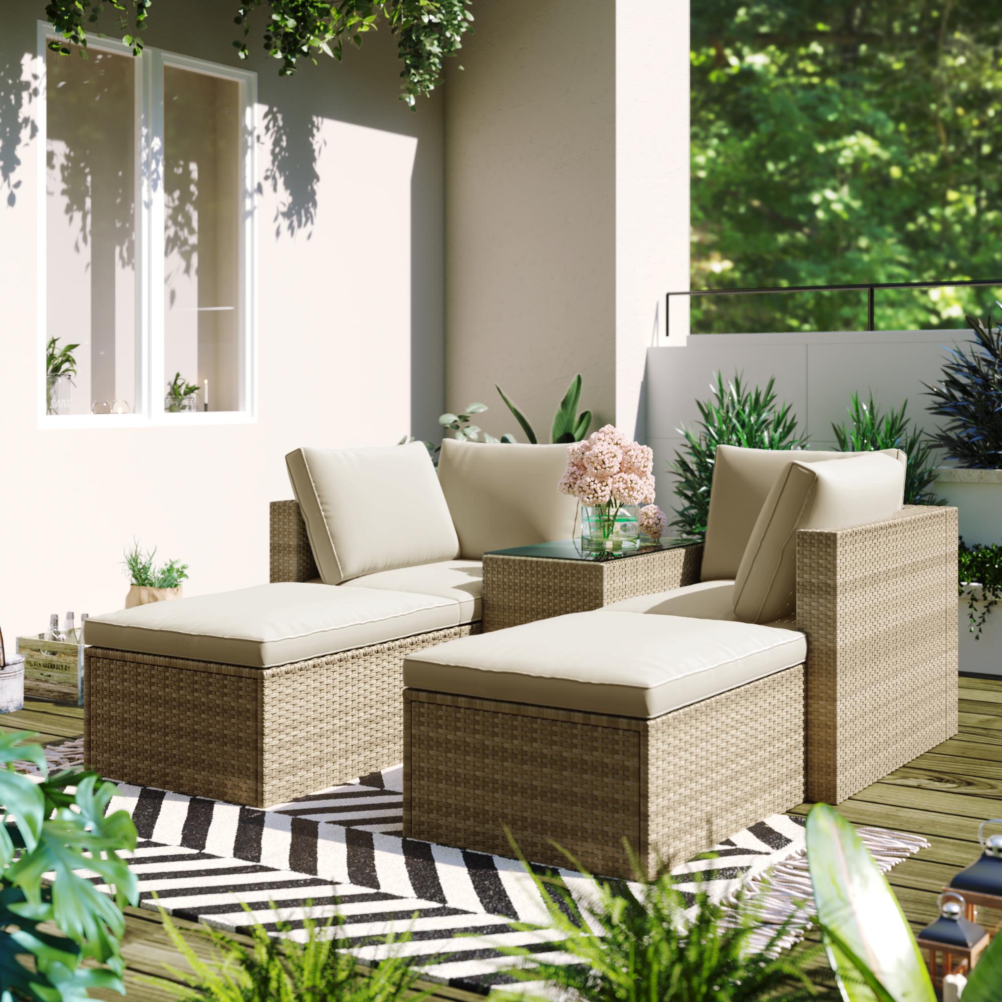 Mondawe 5 Pcs Outdoor Patio Furniture Set Wicker Rattan Sectional Sofa Set (Beige)-Mondawe