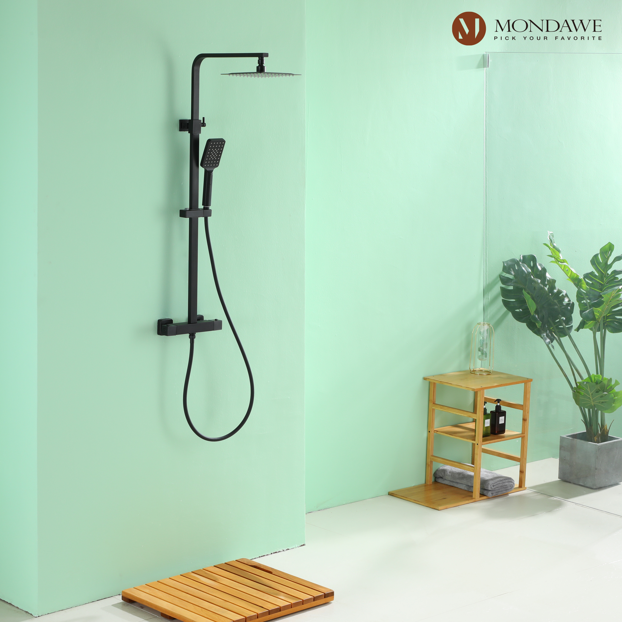 Mondawe Stainless Steel Thermostatic Shower Bar System in Black/Chrome(Square)-Mondawe