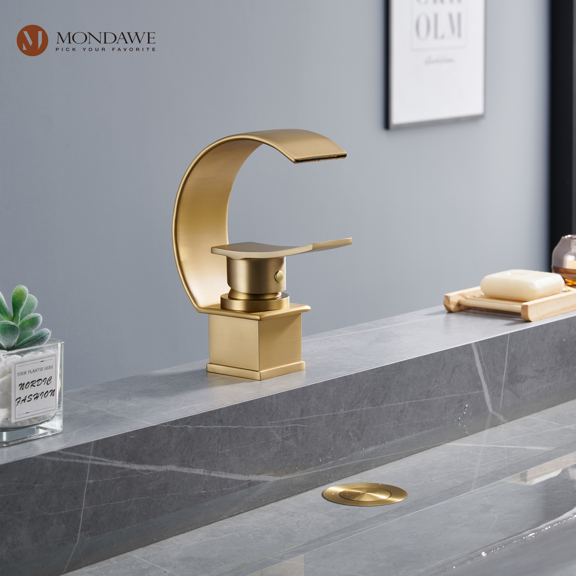 Mondawe 8 In Widespread Single-Lever Handle Arc Spout Single-Hole Bathroom Sink Faucet with Waterfall-Mondawe