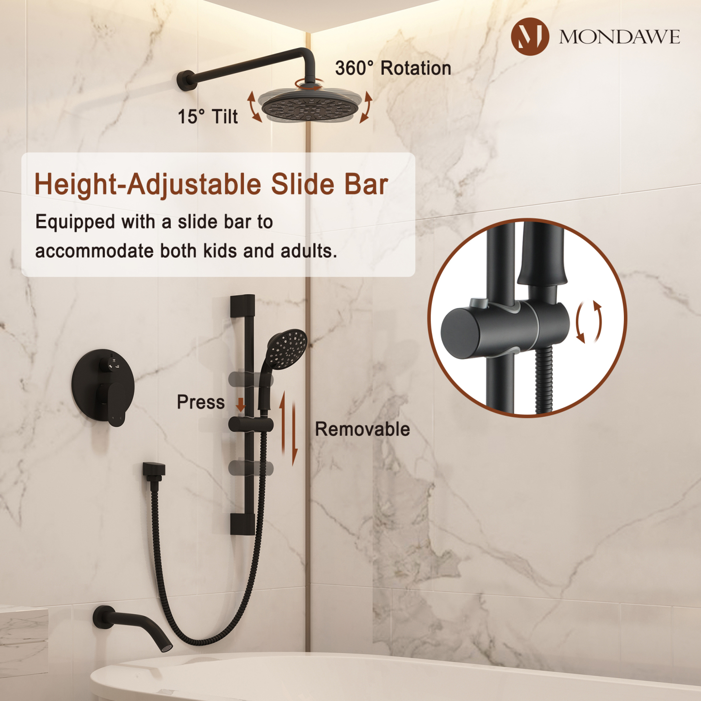 Mondawe Retro Series 2-Spray Patterns with 1.8 GPM 8 in. Rain Wall Mount Dual Shower Heads with Handheld and Spout in Brushed Nickel/ Black/ Bronze/Brushed Gold