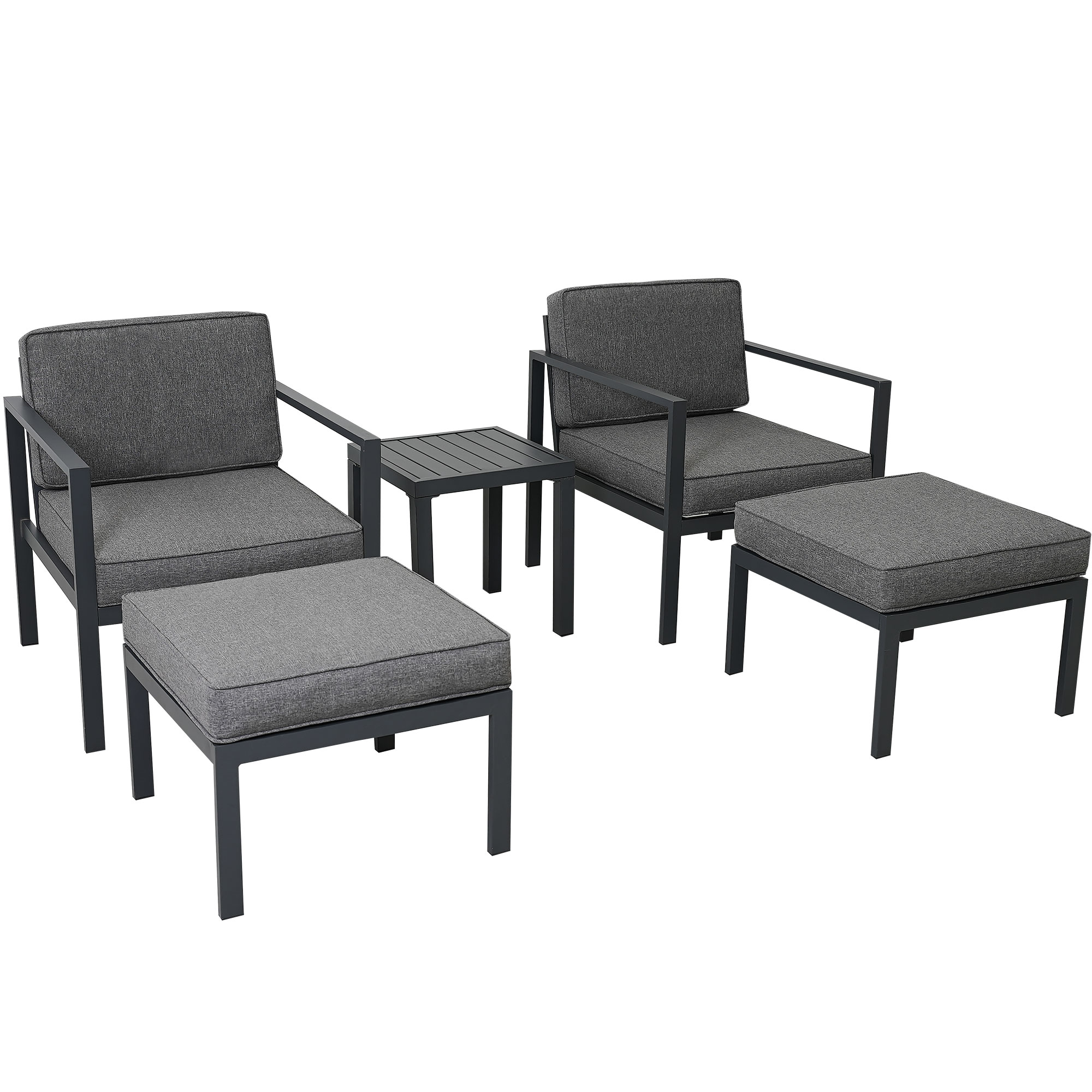 Mondawe Outdoor Patio 5-piece Aluminum Alloy Conversation Set Sofa Set with Coffee Table and Stools for Poolside Garden Black Frame+Gray Cushion-Mondawe