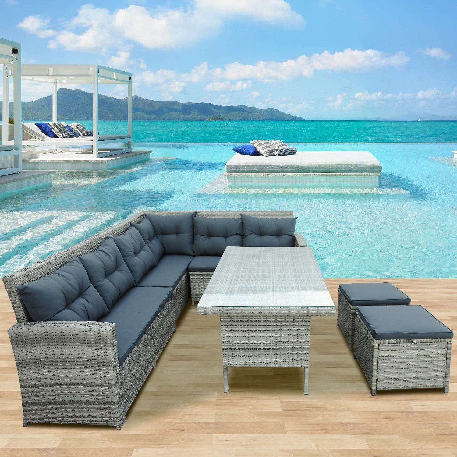Mondawe 6 Pcs Patio Furniture Set Outdoor Sectional Sofa with Glass Table Ottomans for Pool Backyard Lawn (Gray)-Mondawe