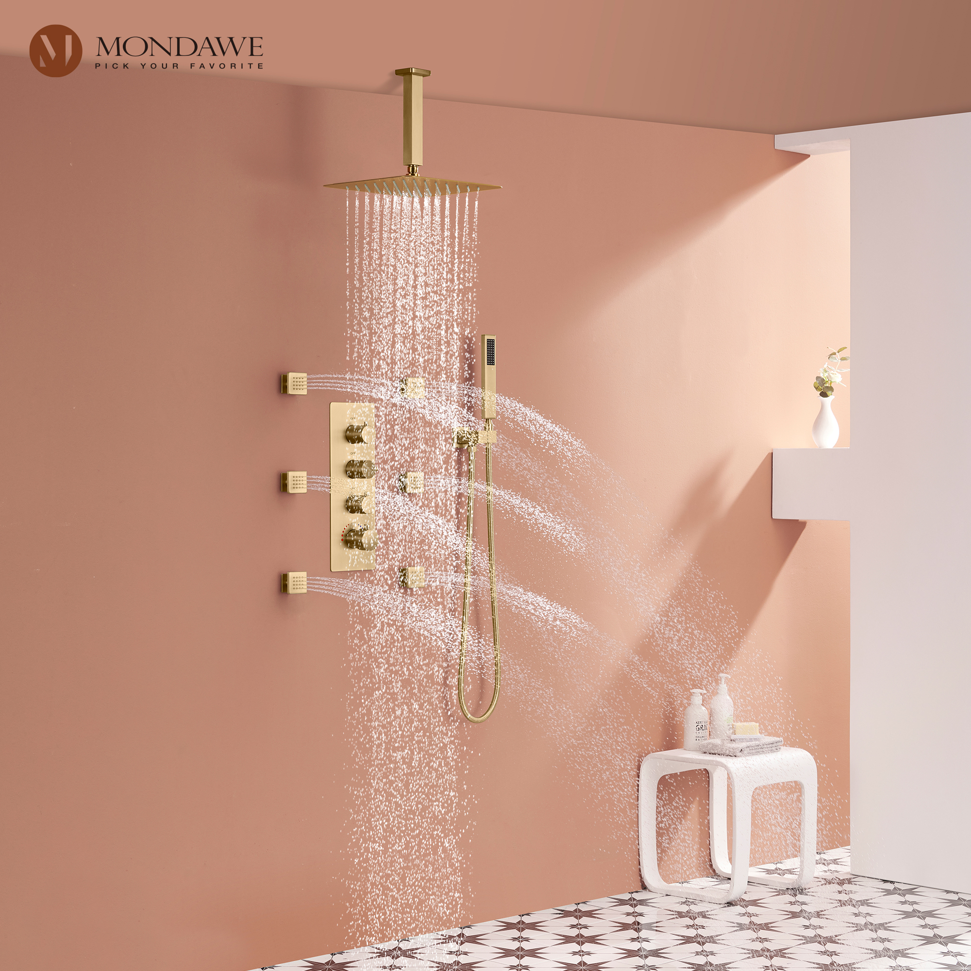 Mondawe Ceiling Mount Thermostatic Rainfall Shower System Set with Hand Held Shower Head and 6 Body Jets-Mondawe