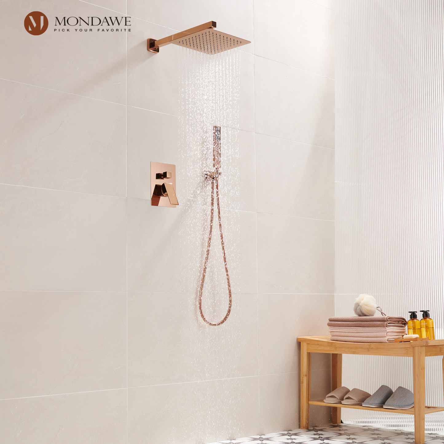 Mondawe 2 Functions Wall Mount Square Complete Shower System with 2.5 GPM 10 in Black/Rose Gold-Mondawe