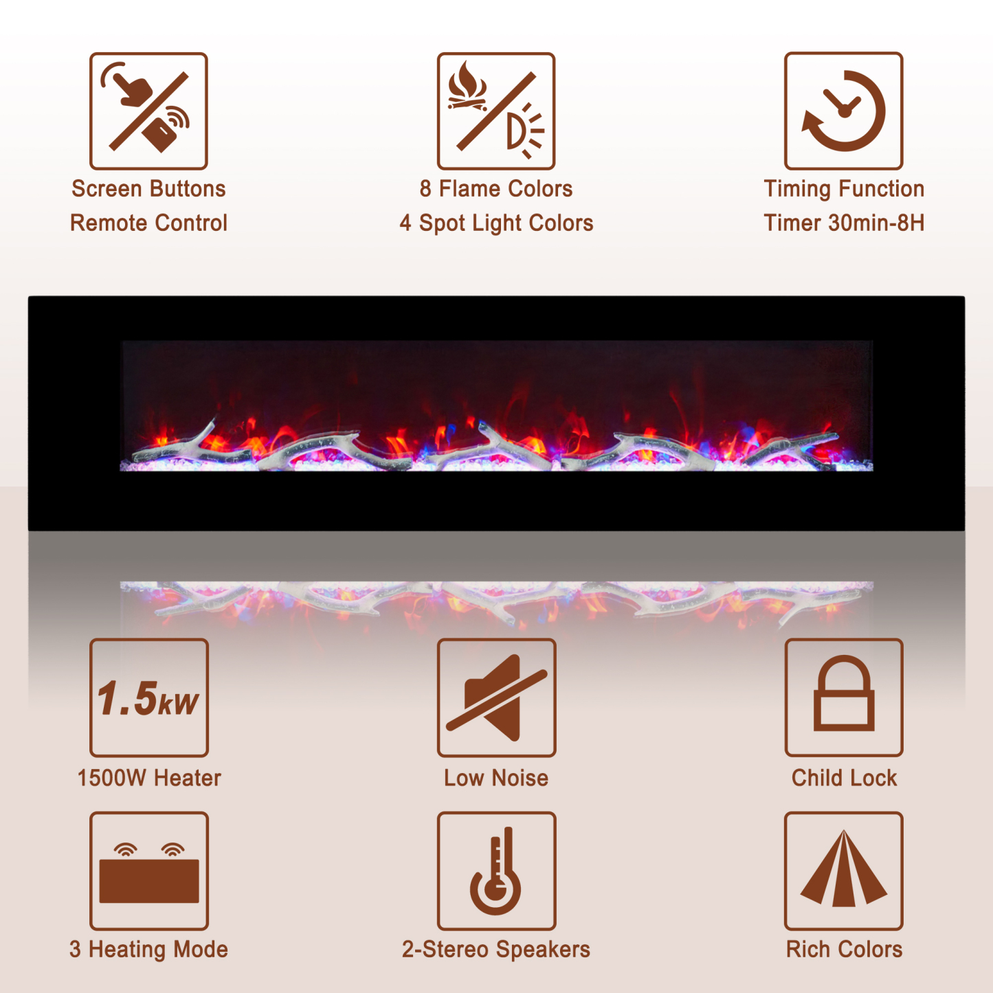 5120 BTU 42/50/60/72 in. Wall-Mounted Black Electric Fireplace Insert with 2-Speaker Stereo Sound