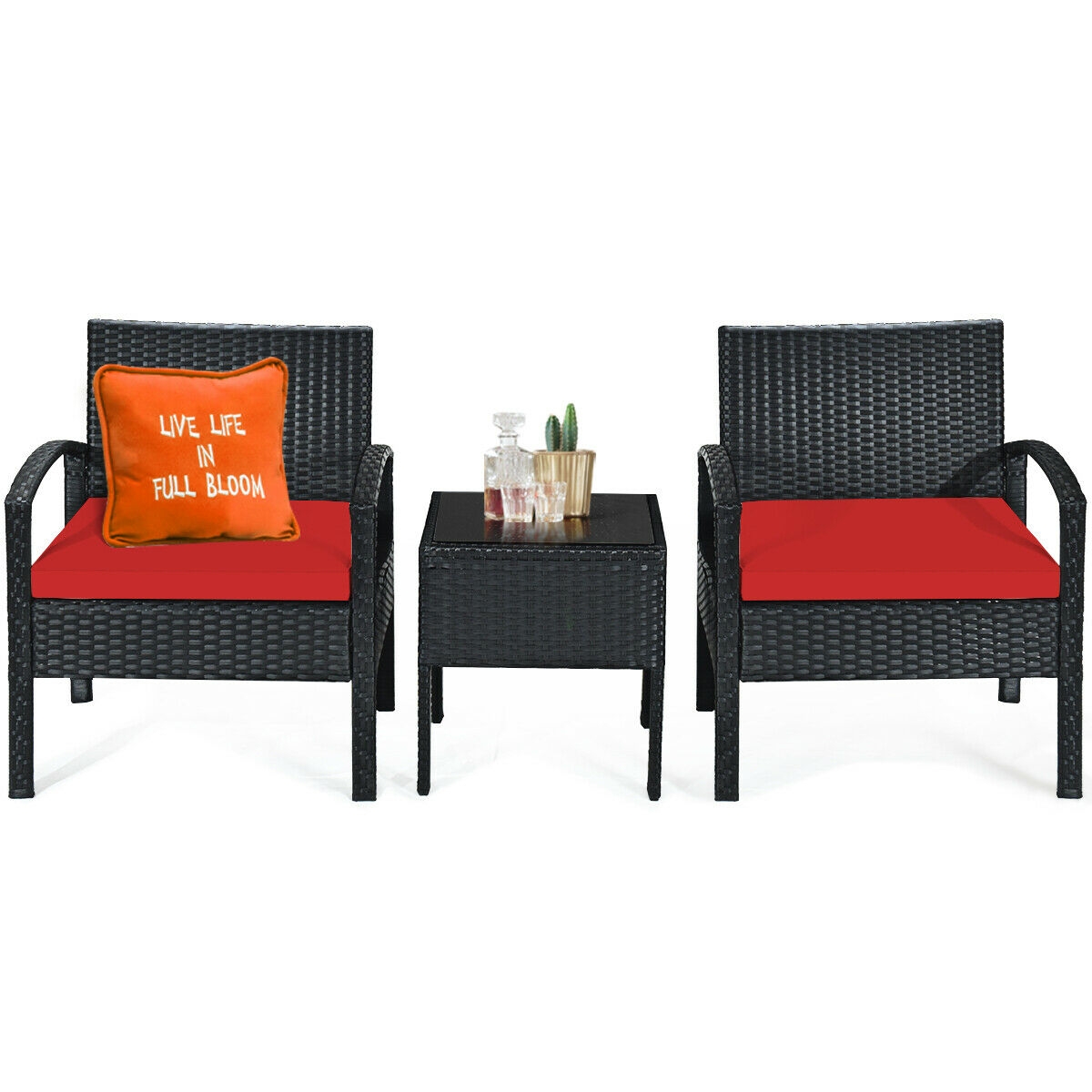 Mondawe 3 Pieces Outdoor Rattan Patio Conversation Set with Seat Cushions-Red-Mondawe