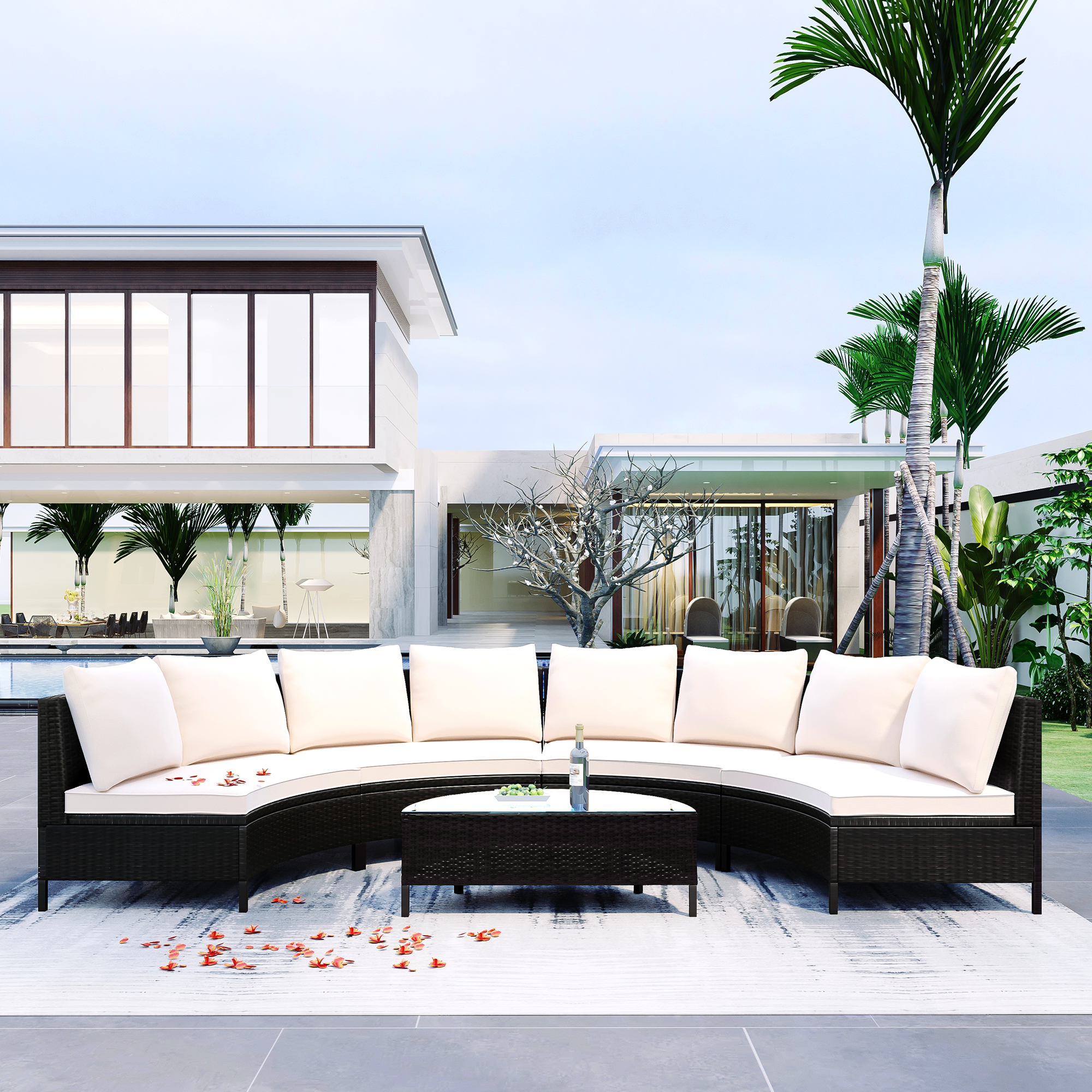 Mondawe 5 Pcs All-Weather Brown PE Rattan Wicker Sofa Set Outdoor Patio Sectional Furniture Set Half-Moon Sofa Set Tempered Glass Table Beige-Mondawe