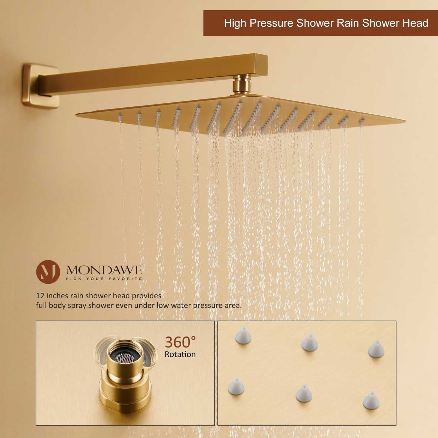 Mondawe Wall Mount Thermostatic Rain Head Shower System with Handheld Shower and Wall Body Jets-Mondawe