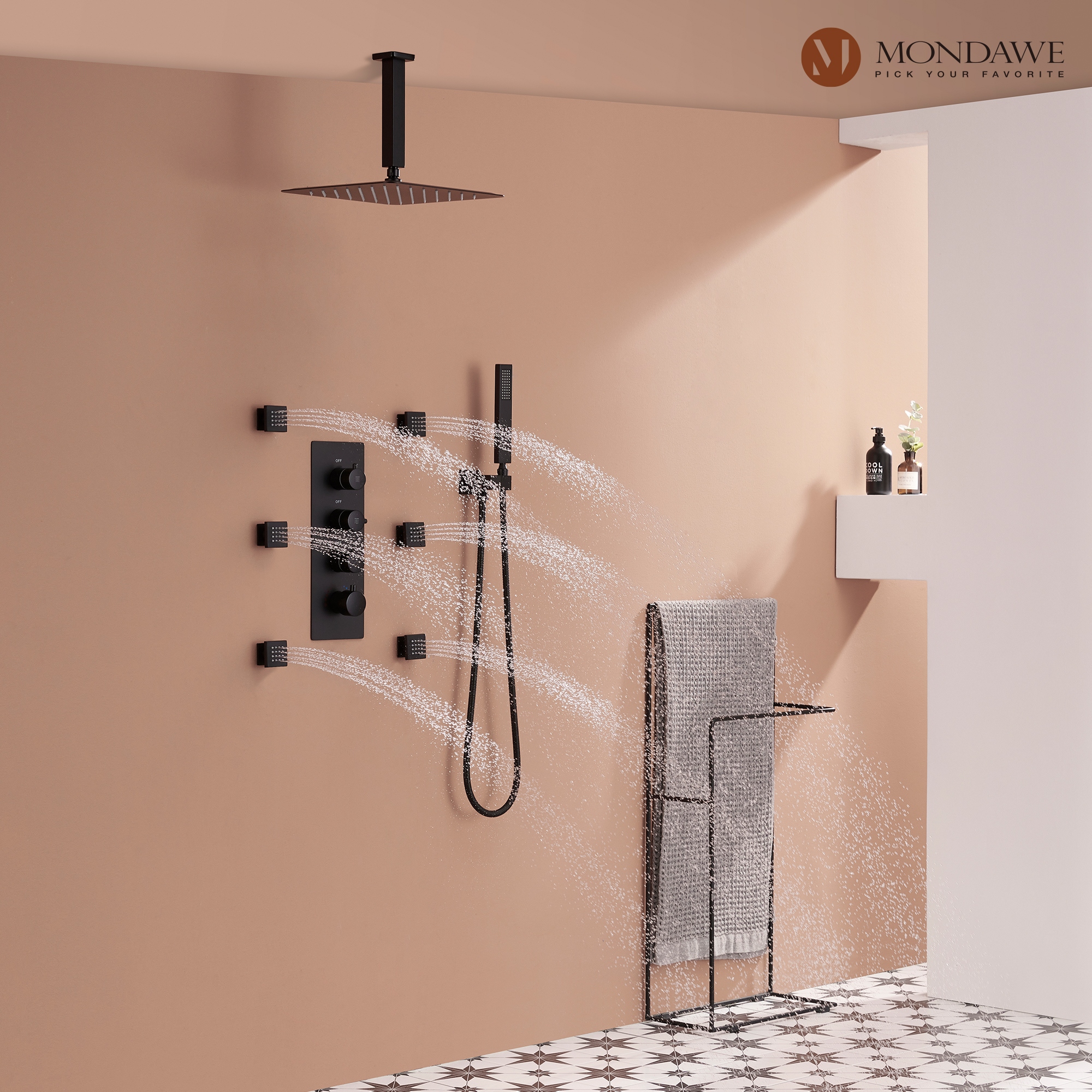Mondawe Ceiling Mount Thermostatic Rainfall Shower System Set with Hand Held Shower Head and 6 Body Jets-Mondawe
