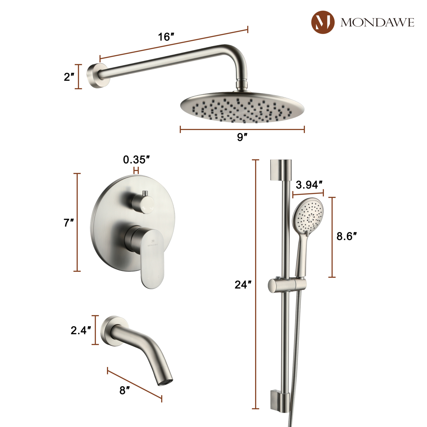 Mondawe Retro Series 2-Spray Patterns with 1.8 GPM 9 in. Rain Wall Mount Dual Shower Heads with Handheld and Spout