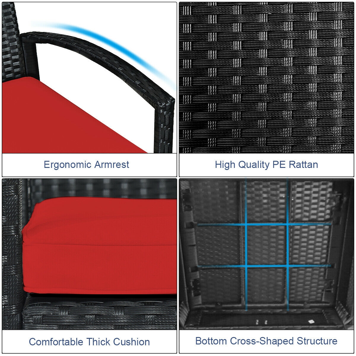 Mondawe 3 Pieces Outdoor Rattan Patio Conversation Set with Seat Cushions-Red-Mondawe