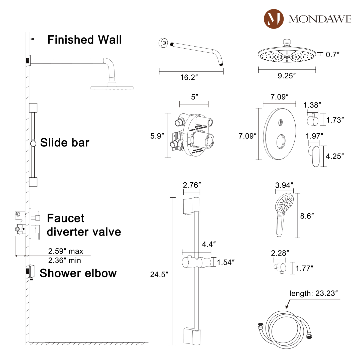 Mondawe Retro Series 2-Spray Patterns with 1.8 GPM 9 in. Rain Wall Mount Dual Shower Heads with Handheld and Spout in Brushed Nickel/ Black/ Bronze/Brushed Gold-Mondawe