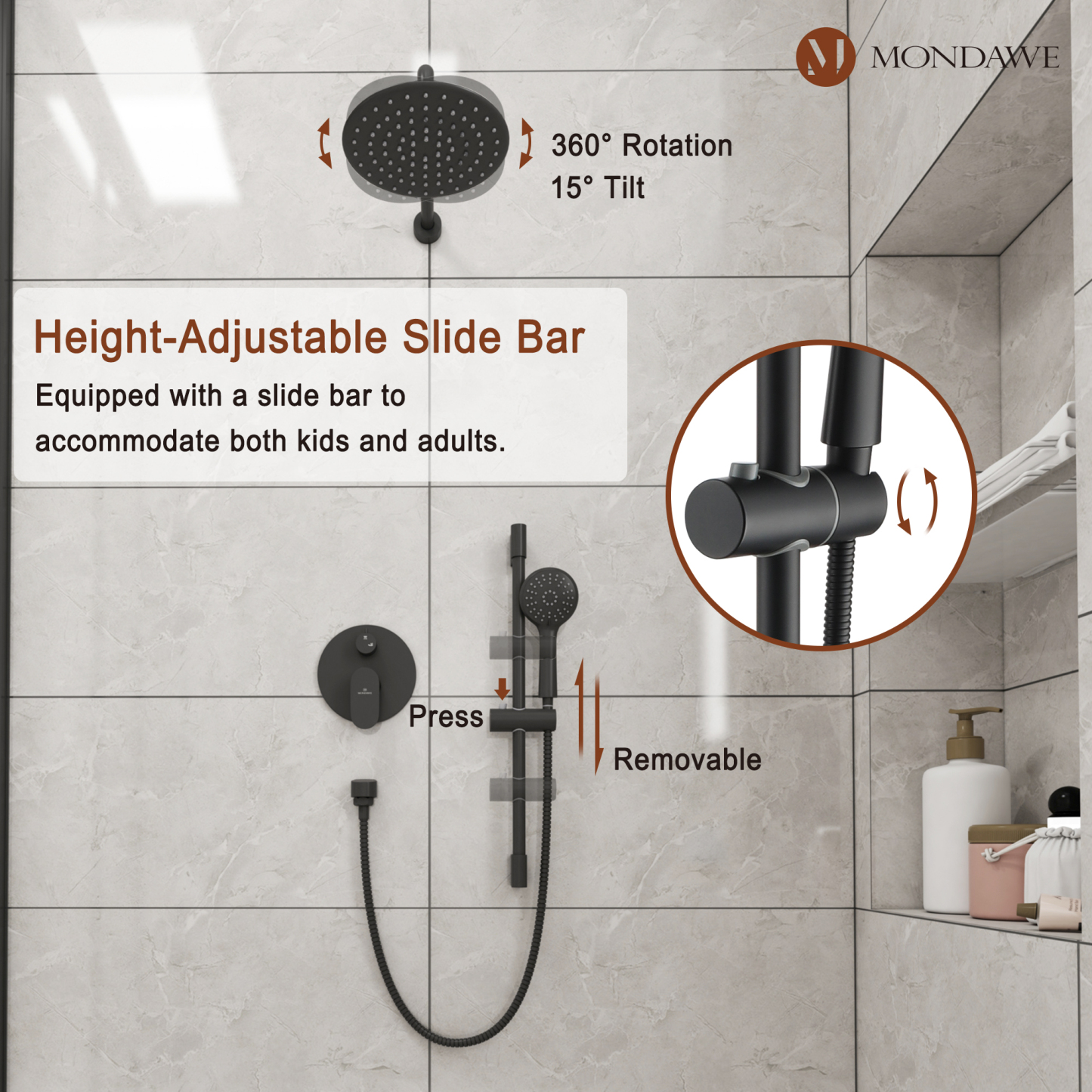 Mondawe Retro Series 2-Spray Patterns with 1.8 GPM 9 in. Rain Wall Mount Dual Shower Heads with Handheld and Spout in Brushed Nickel/ Black/ Bronze/Brushed Gold-Mondawe