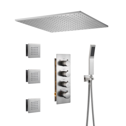 BN-20 Inch Ceiling Mounted Rain Shower Head System Luxury 3-Spray Patterns Thermostatic Shower Faucets Sets Complete with 3-Function Shower Head and Solid Brass Handshower-Mondawe