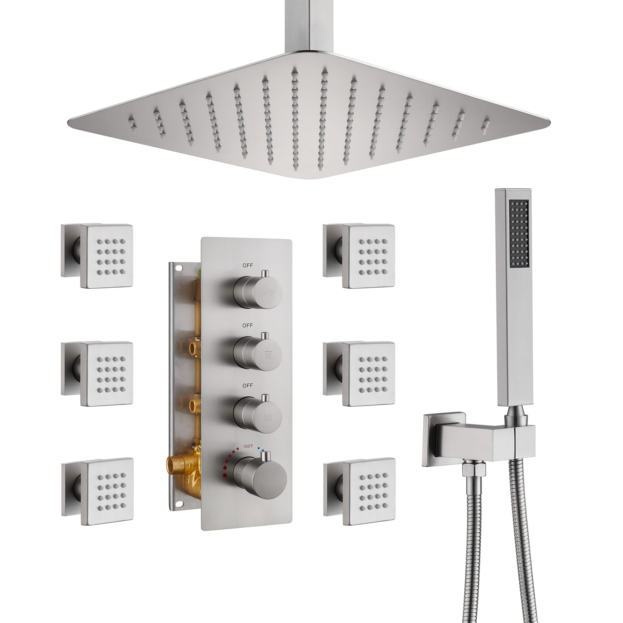 BN-Mondawe Ceiling Mount Thermostatic Rainfall Shower System Set with Hand Held Shower Head and 6 Body Jets-Mondawe