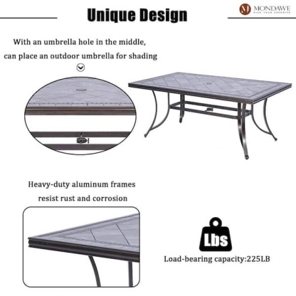 Mondawe Gray Frame Rectangle Aluminum 28 in. H Outdoor Dining Table with Umbrella Hole and Dark Gold Finished-Mondawe