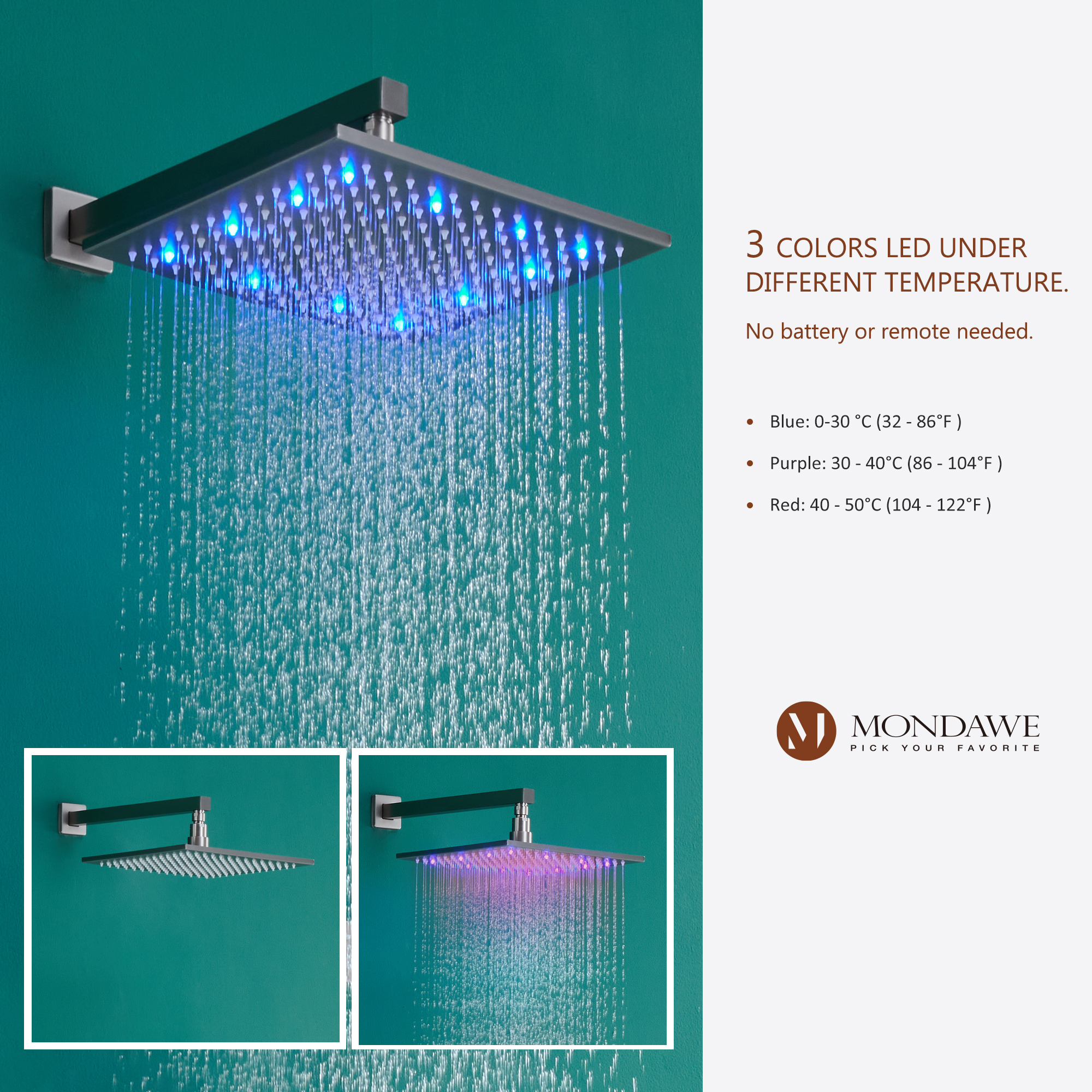 Mondawe Luxury Wall Mount Rain Shower Head with 6 Shower Jet and LED 3-Spray Patterns Thermostatic 12 in. -Mondawe