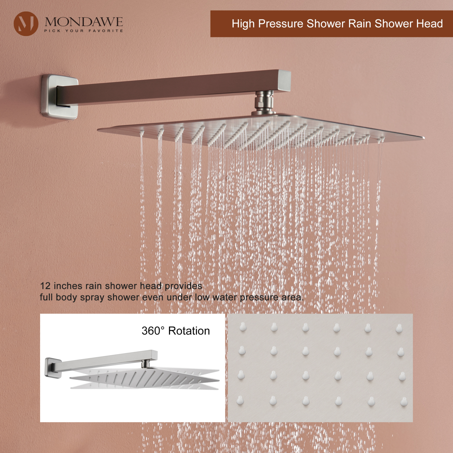 Mondawe Wall Mount Pressure Balanced Rain Shower Head System with Body Sprayers Handheld Shower and Digital Display-Mondawe