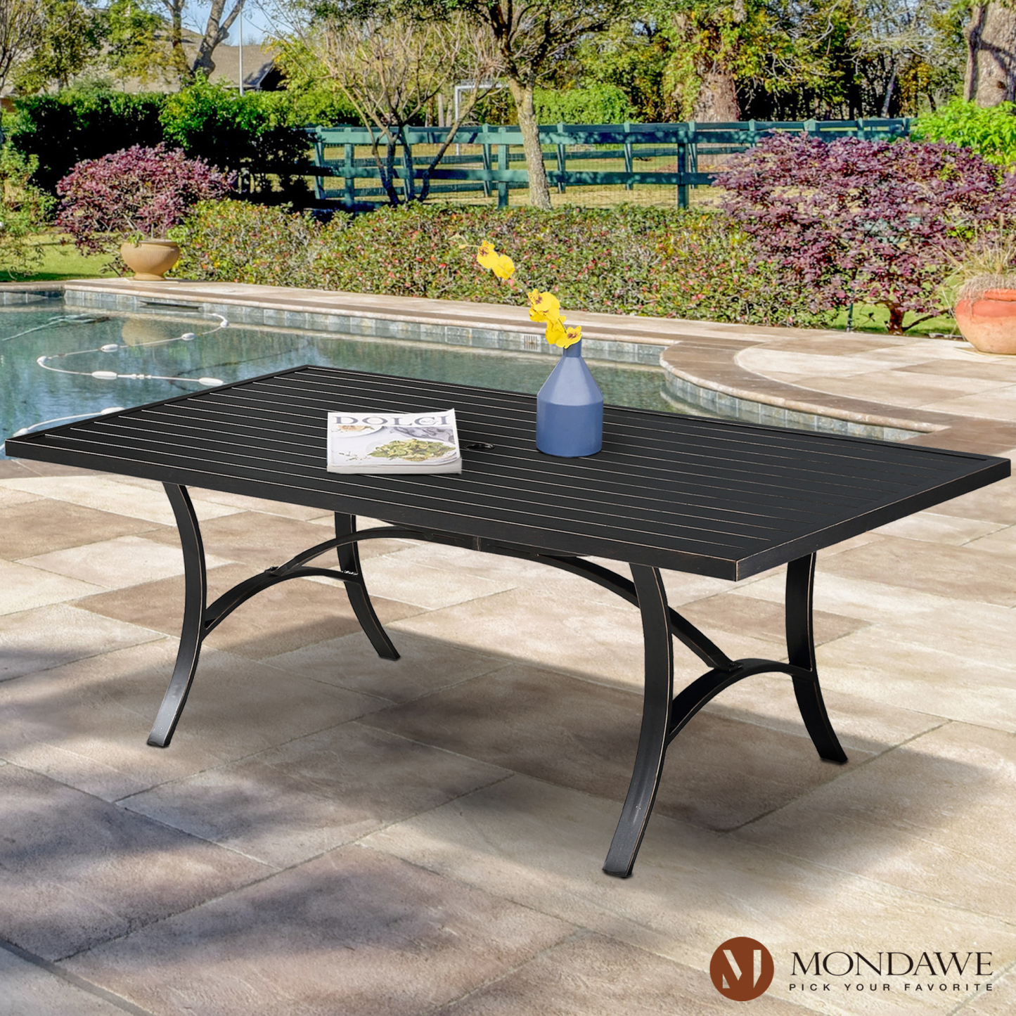 Black outdoor dining online table with umbrella hole