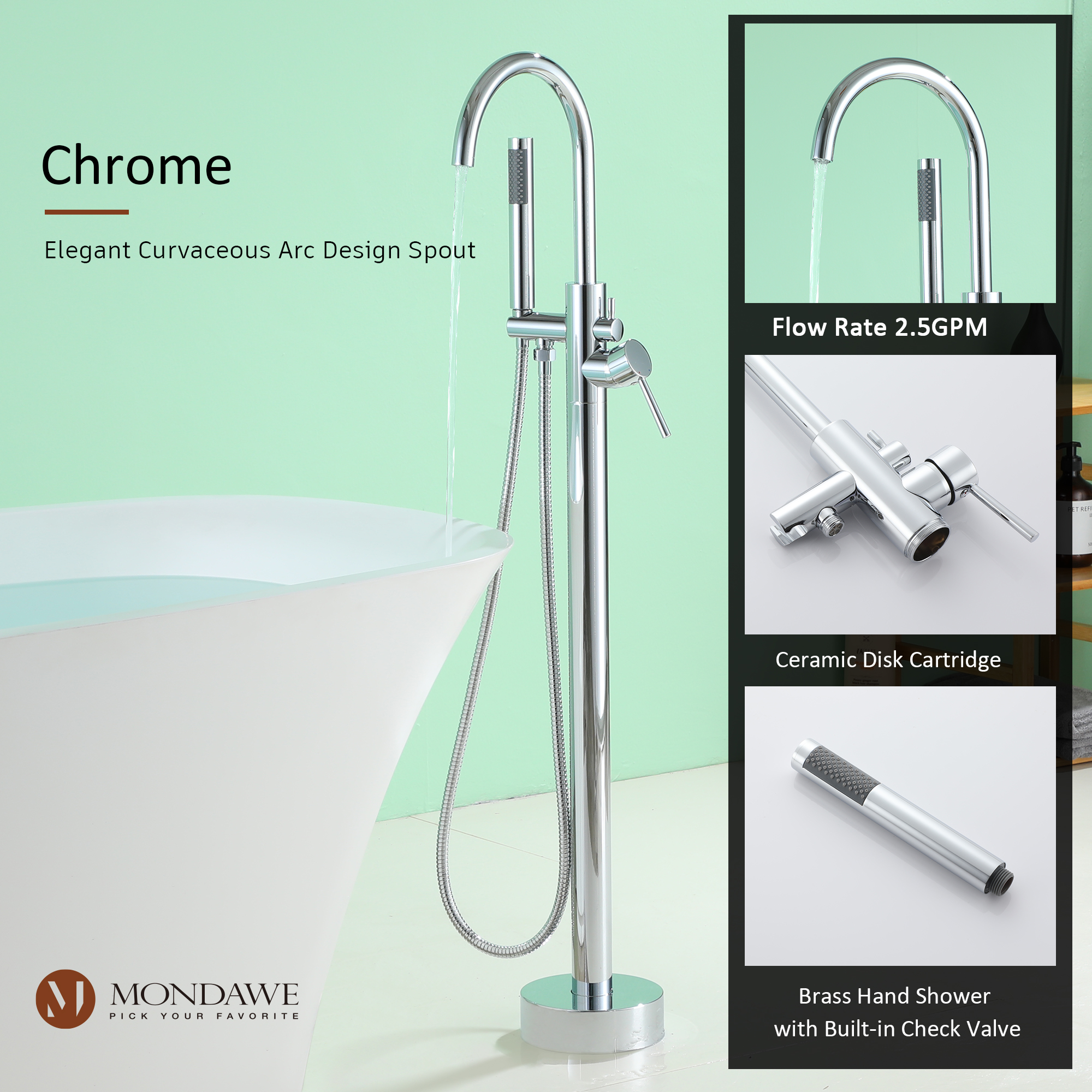 Mondawe Chrome Freestanding Bathtub Faucet-Mondawe