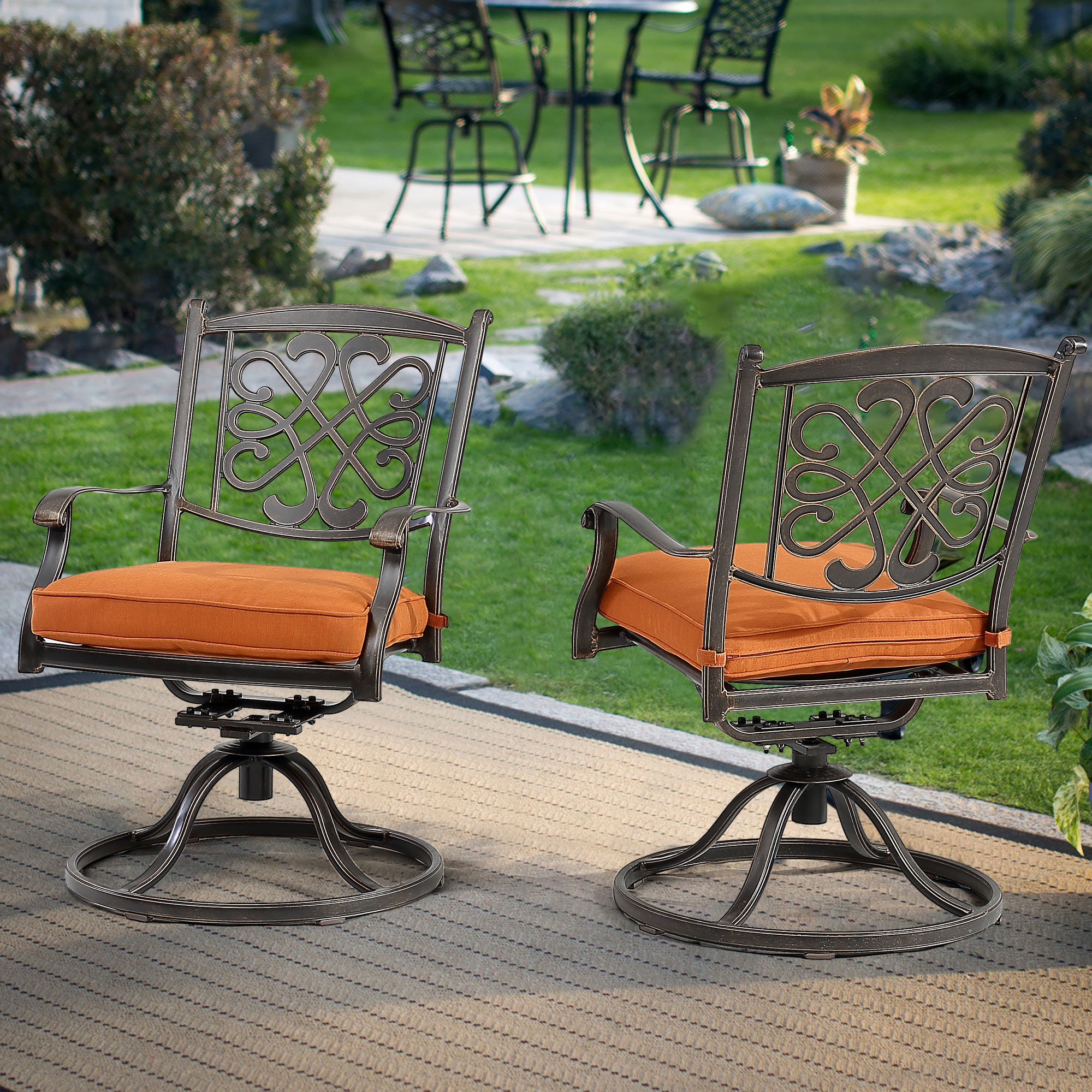 Mondawe 2/4Pcs Cast Aluminum Flower-Shaped Backrest Swivel Chairs in Beige/Orange-Mondawe