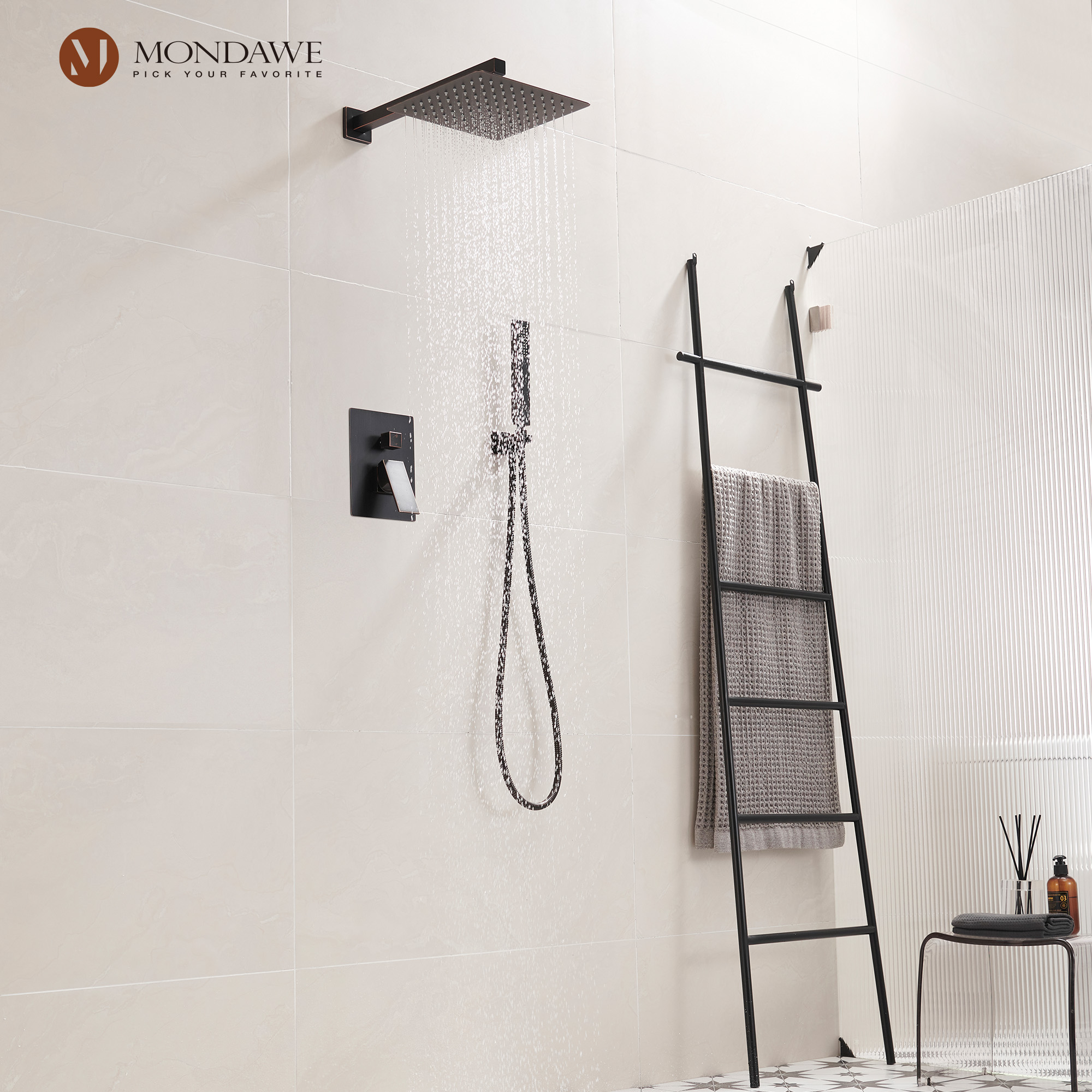 Mondawe 2 Functions Wall Mount Square Complete Shower System with 2.5 GPM 10 in Black/Rose Gold-Mondawe