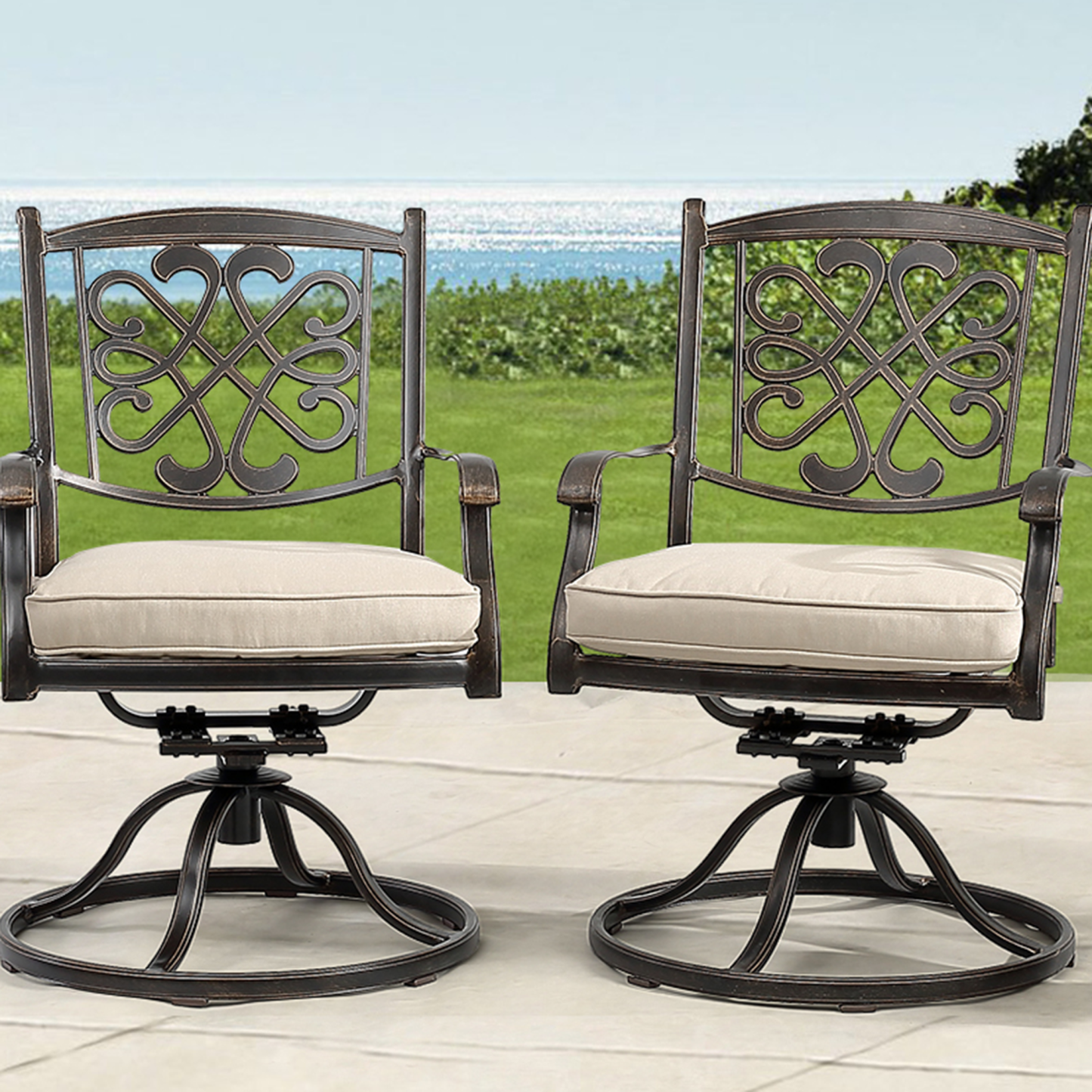 Mondawe 2/4Pcs Cast Aluminum Flower-Shaped Backrest Swivel Chairs in Beige/Orange