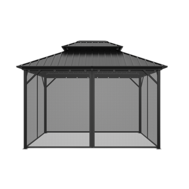 10x12 ft Double Roof Hard Top Aluminum Frame Gazebo with Netted Curtains