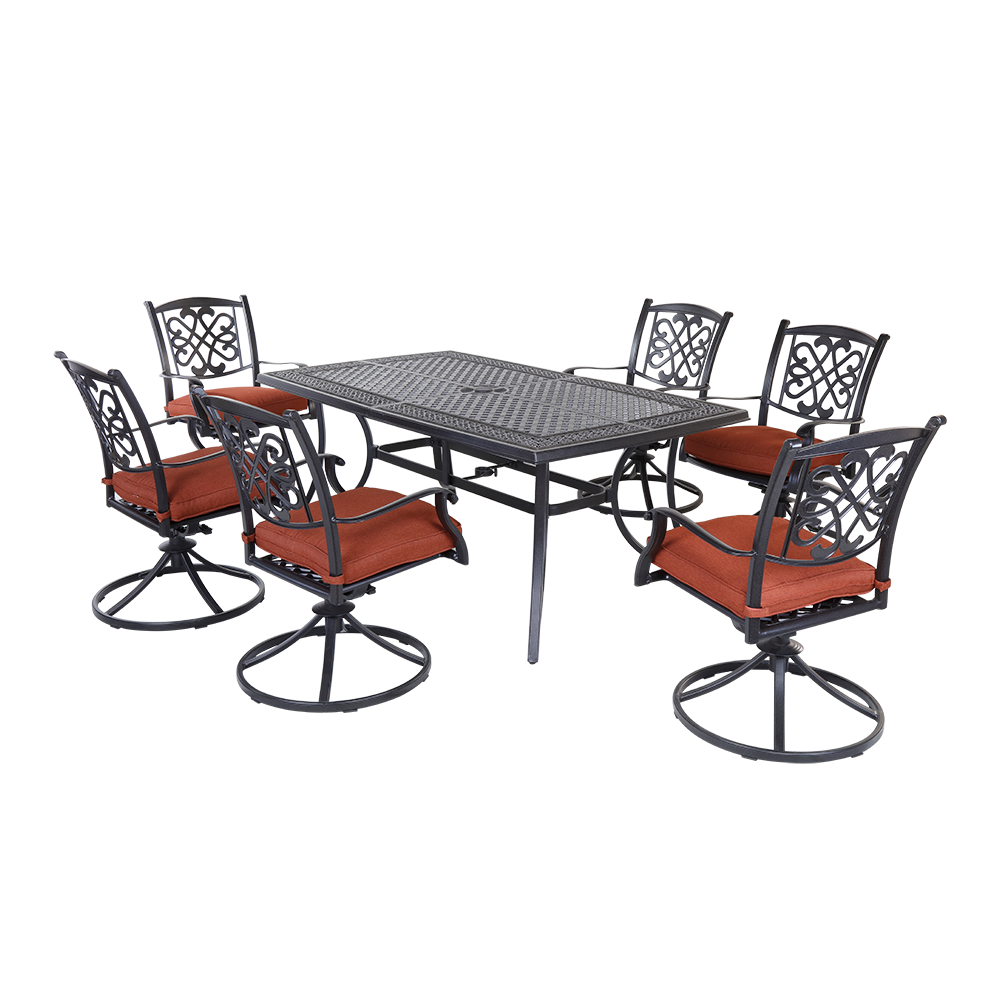 Mondawe 7-Piece Cast Aluminum Rectangular 28" H Outdoor Dining Set with 6 Swivel Chairs and Cushion-Mondawe