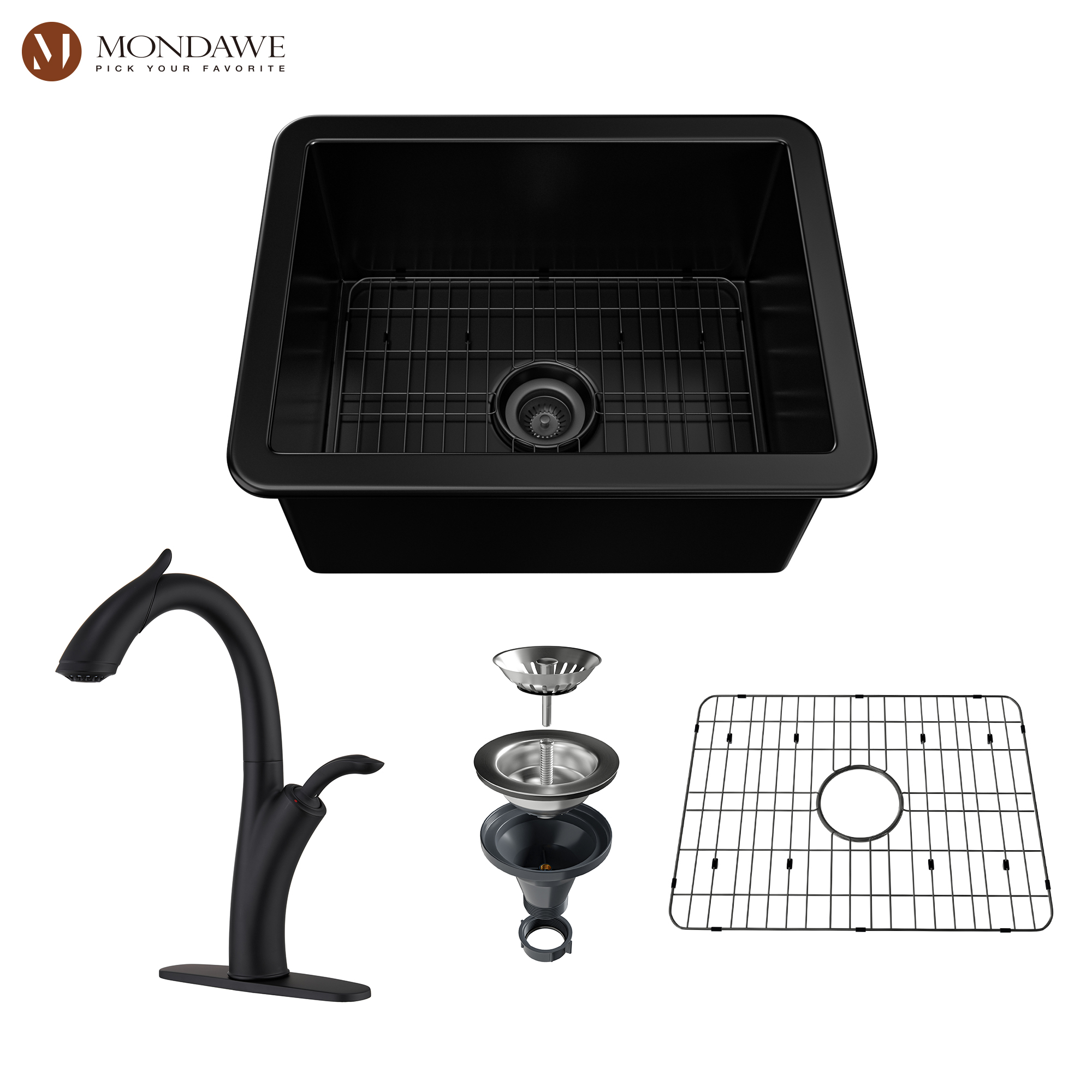 Undermount 24 In. Matte Black Single Bowl Fireclay Kitchen Sink Comes With Pull Down Kitchen Faucet-Mondawe