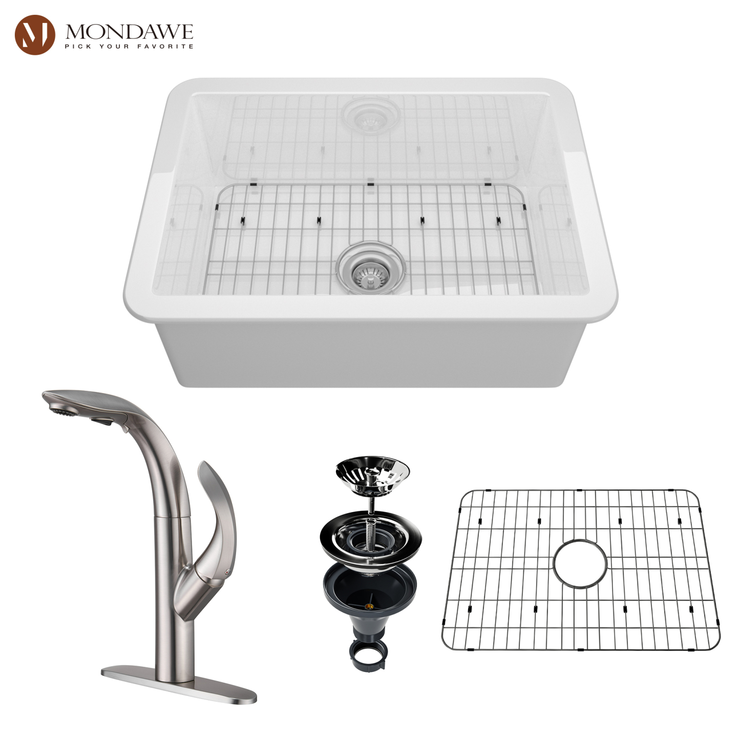 Undermount 27 In. Single Bowl Fireclay Kitchen Sink In White Comes With Pull Down Kitchen Faucet-Mondawe