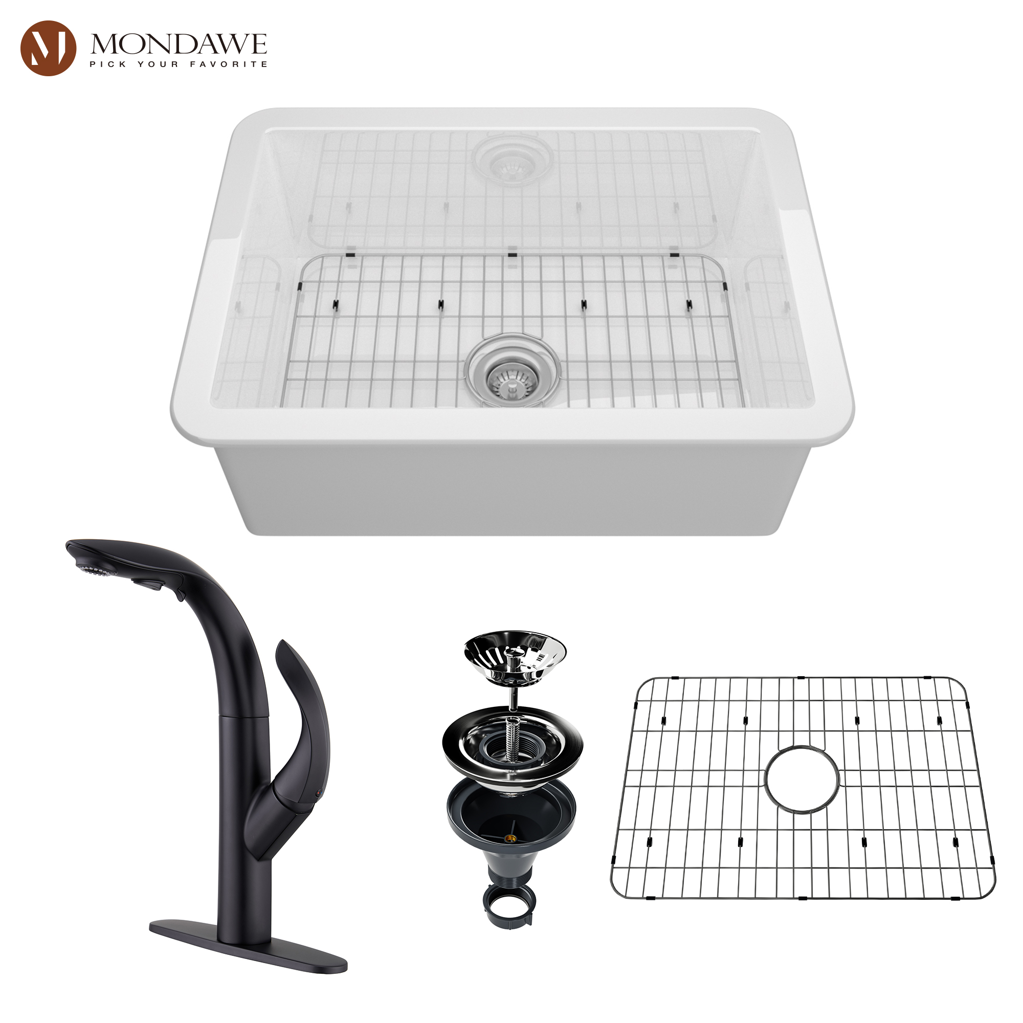 Undermount 27 In. Single Bowl Fireclay Kitchen Sink In White Comes With Pull Down Kitchen Faucet-Mondawe