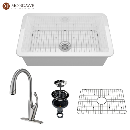 Undermount 32 In. Single Bowl Fireclay Kitchen Sink In White Comes With Pull Down Kitchen Faucet-Mondawe