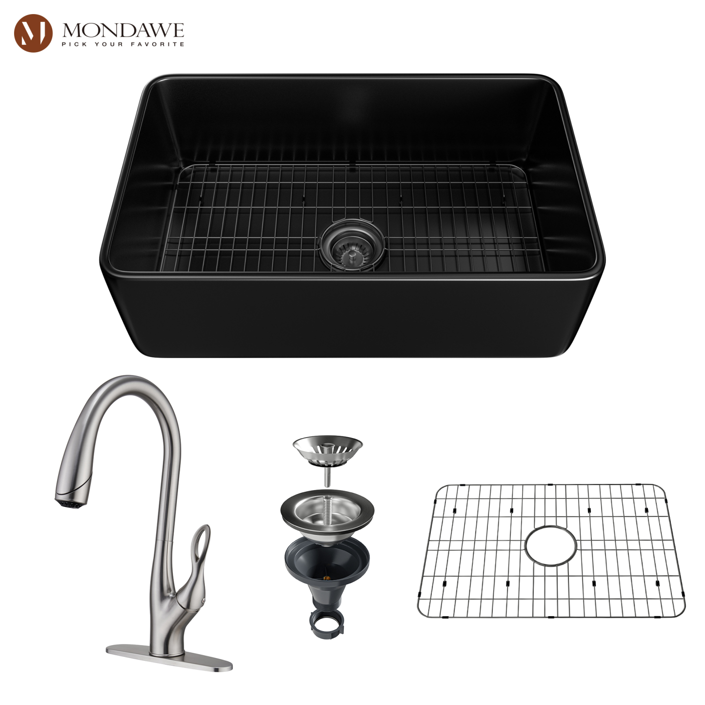 Farmhouse 30 In. Matte Black Single Bowl Fireclay Kitchen Sink Comes With Pull Down Kitchen Faucet-Mondawe