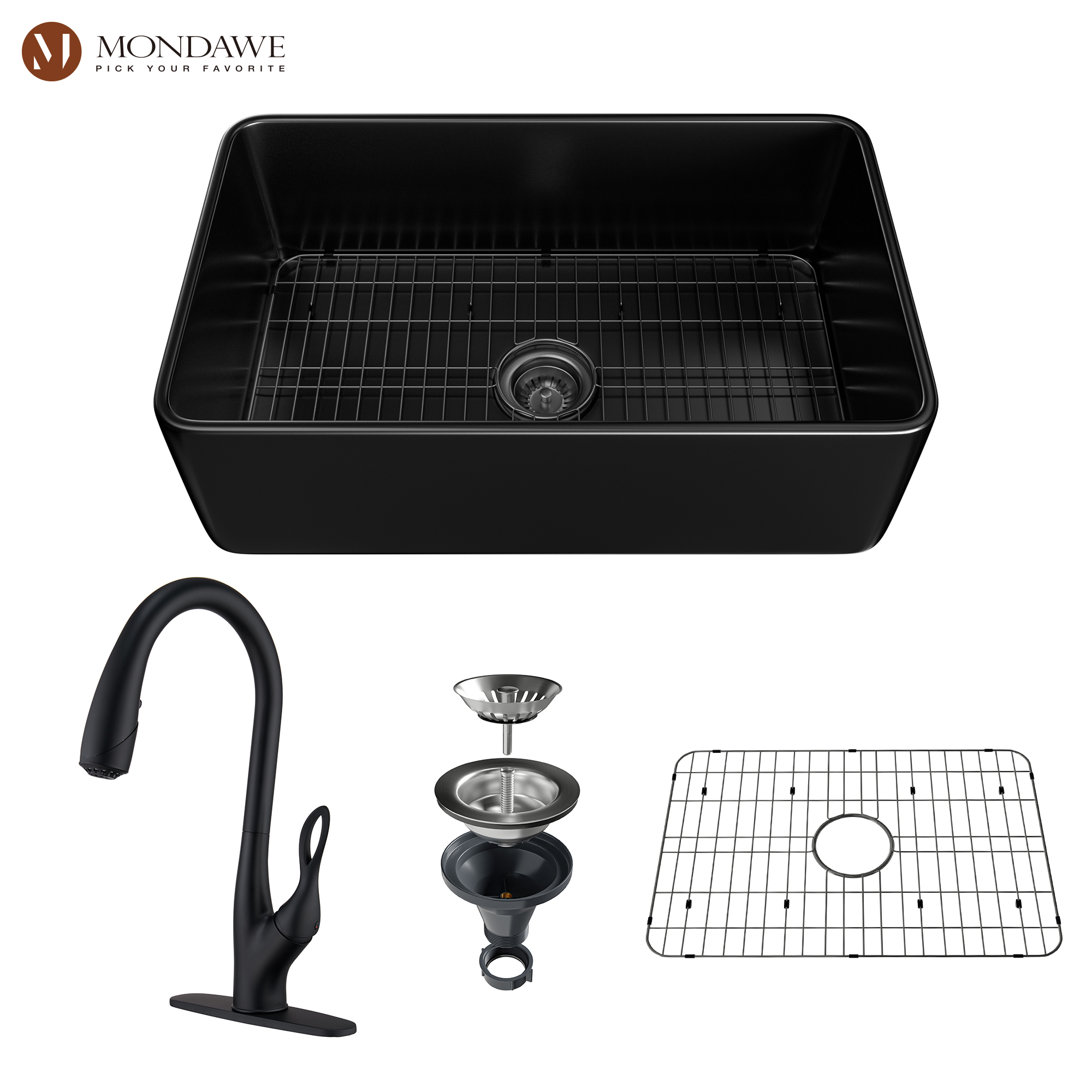 Farmhouse 30 In. Matte Black Single Bowl Fireclay Kitchen Sink Comes With Pull Down Kitchen Faucet-Mondawe
