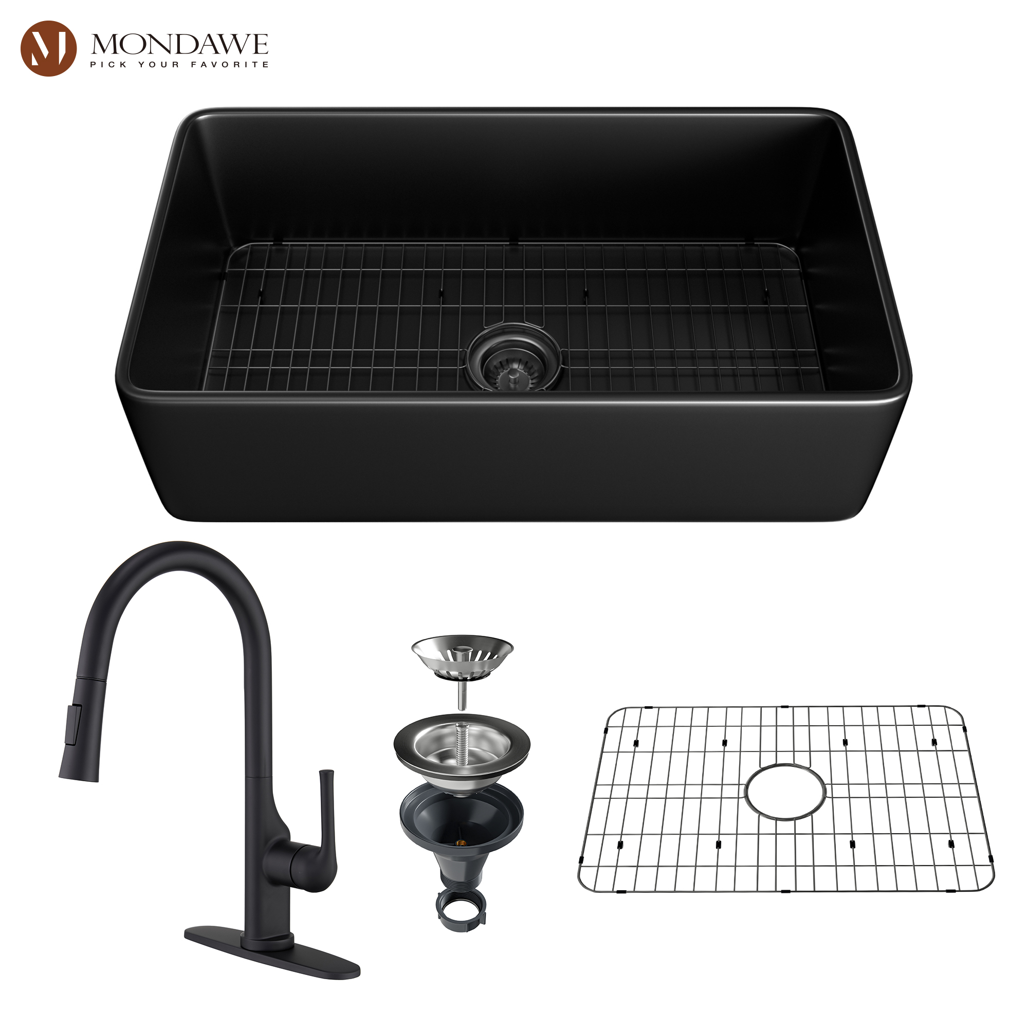 Farmhouse 33 In. Matte Black Single Bowl Fireclay Kitchen Sink Comes With Pull Down Kitchen Faucet-Mondawe