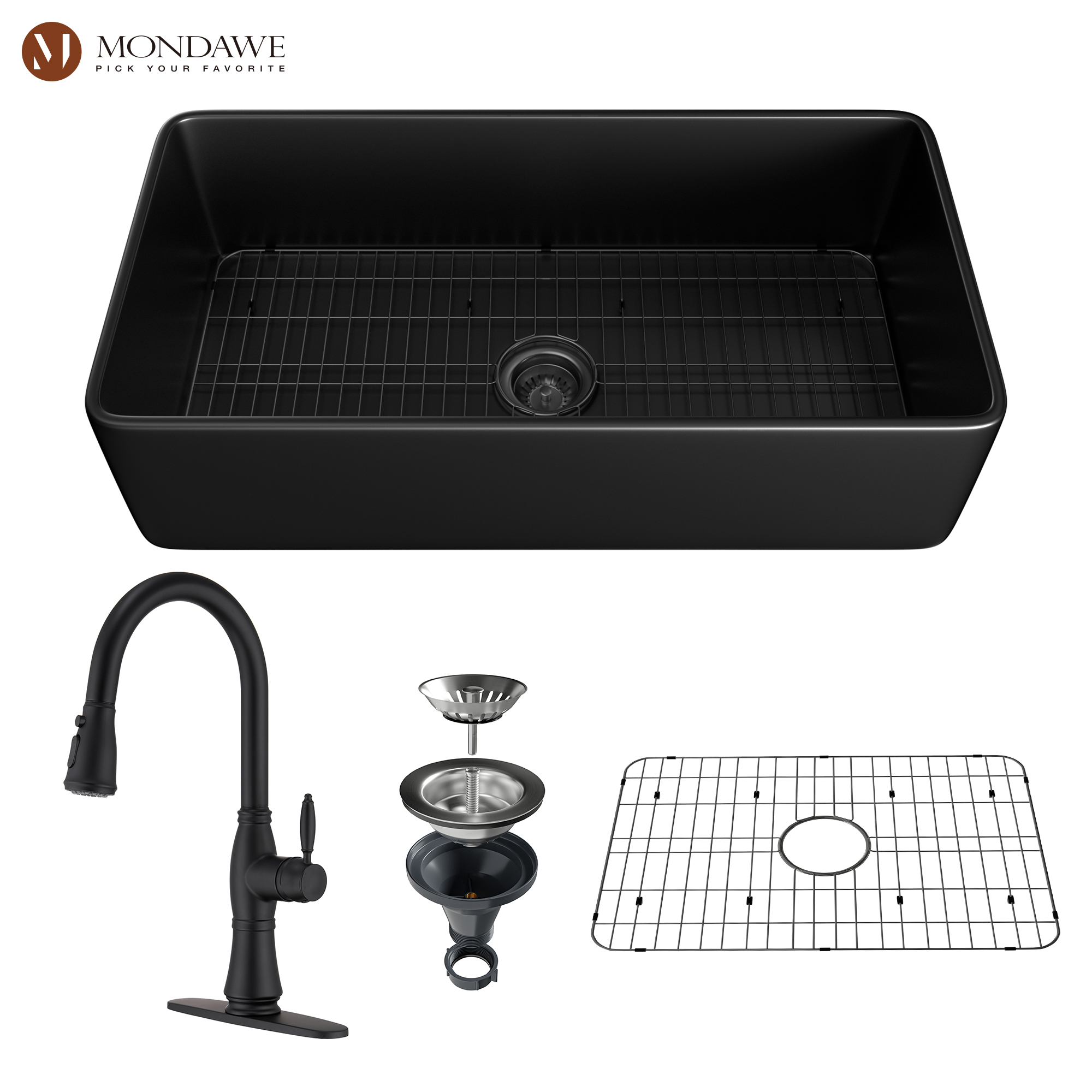 Farmhouse 36 In. Matte Black Single Bowl Fireclay Kitchen Sink Comes With Pull Down Kitchen Faucet-Mondawe