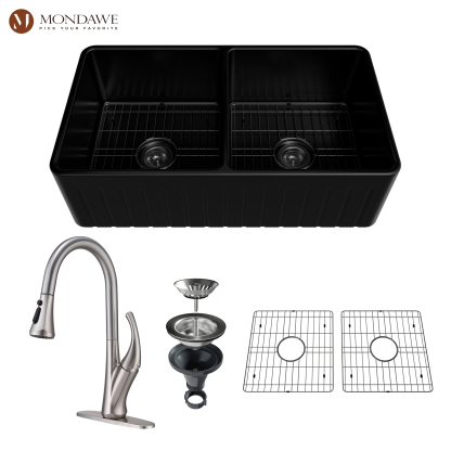 Farmhouse 30 In. Matte Black Double Bowl Fireclay Kitchen Sink Comes With Pull Down Kitchen Faucet-Mondawe