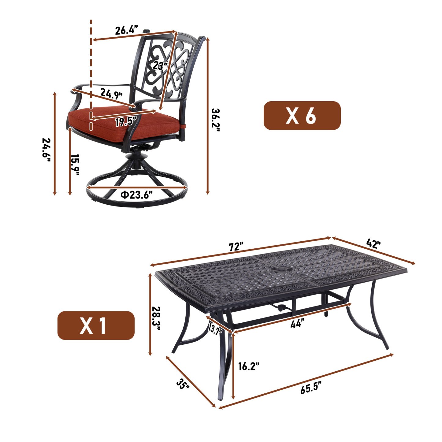 Mondawe 7-Piece Cast Aluminum Rectangular 28" H Outdoor Dining Set with 6 Swivel Chairs and Cushion-Mondawe