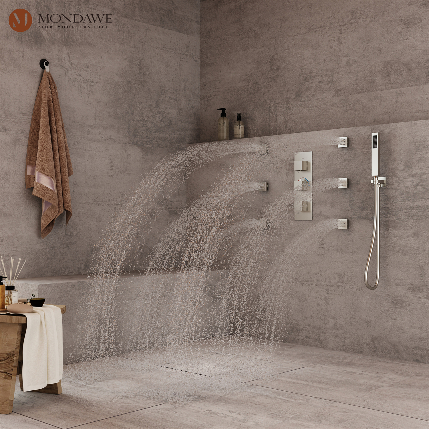 12in Thermostatic Rainfall 3 Functions Shower System with 6 Brass Body Jets-Mondawe