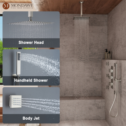 12in Thermostatic Rainfall 3 Functions Shower System with 6 Brass Body Jets-Mondawe