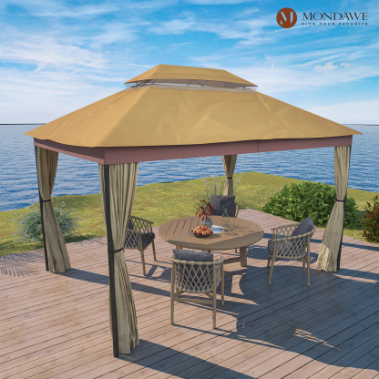 10x12 ft. Outdoor Iron Frame Gazebo with Double Arc Top With Netting and Curtains for Patio or Garden-Mondawe