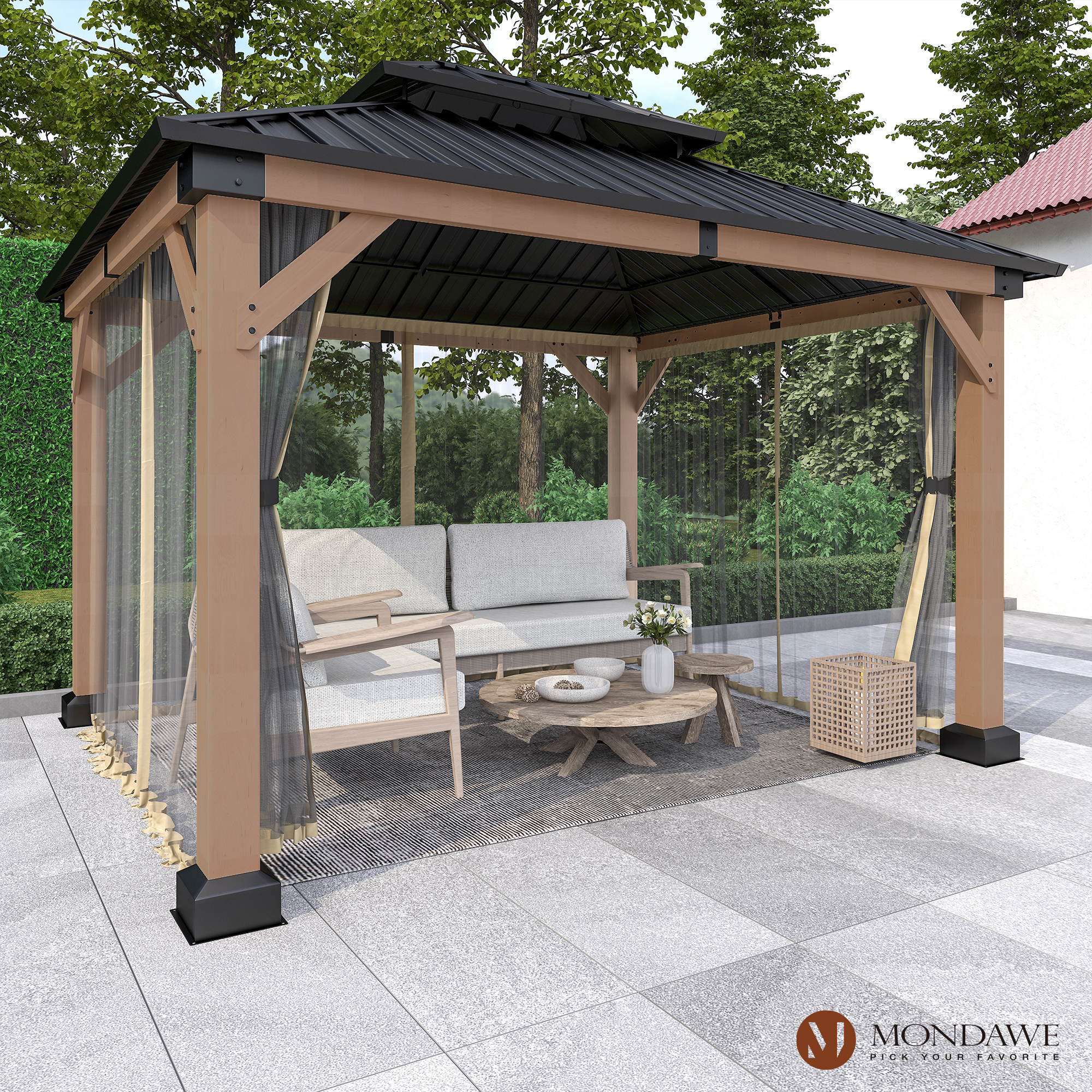 10 ft. x 12 ft. Outdoor Fir Solid Wood Frame Patio Gazebo Canopy Shelter with Galvanized Steel Hardtop Roof Pavilion-Mondawe
